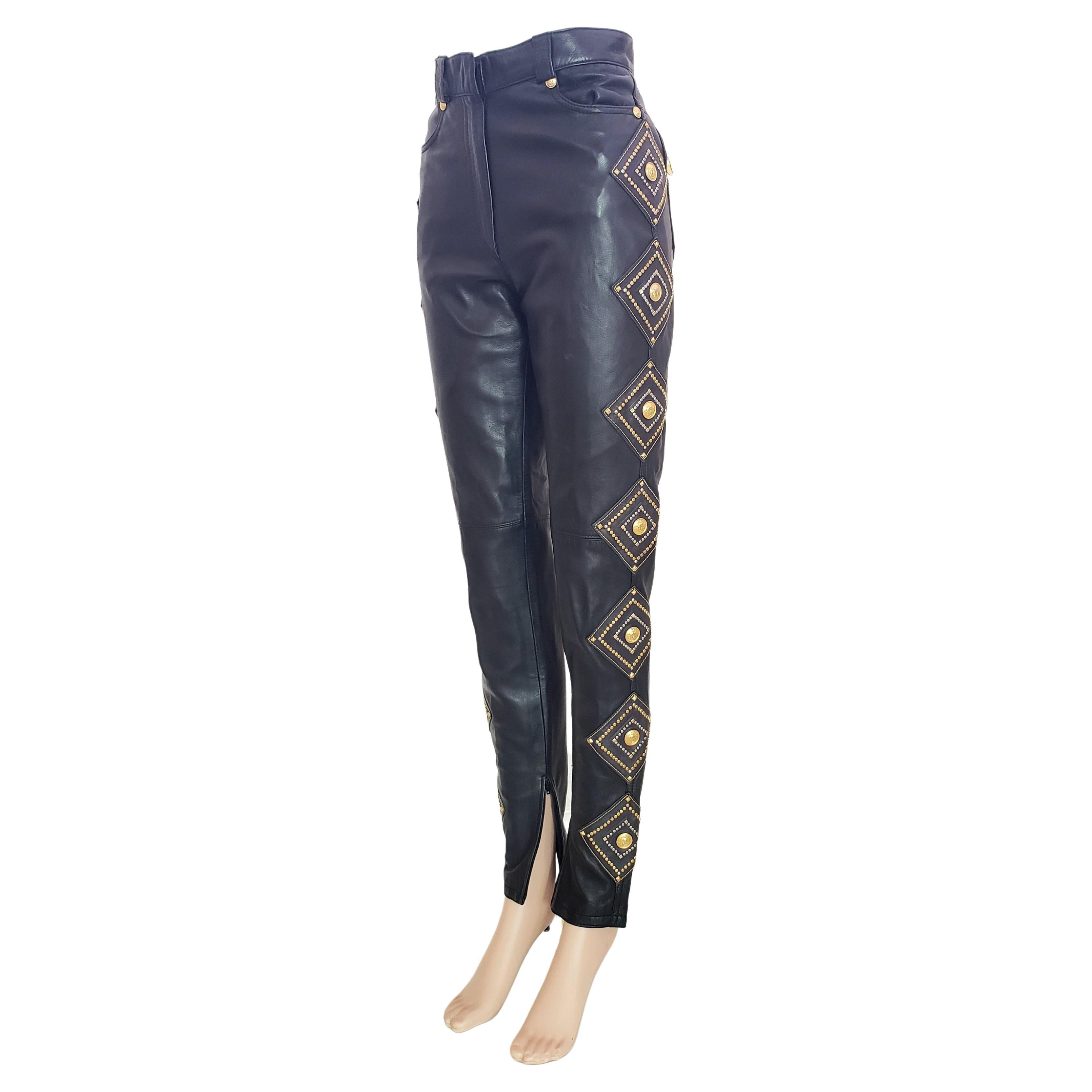 1991 GIANNI VERSACE PRIVATE MUSEUM WORTHY COLLECTION BLACK LEATHER STUDDED Pants For Sale