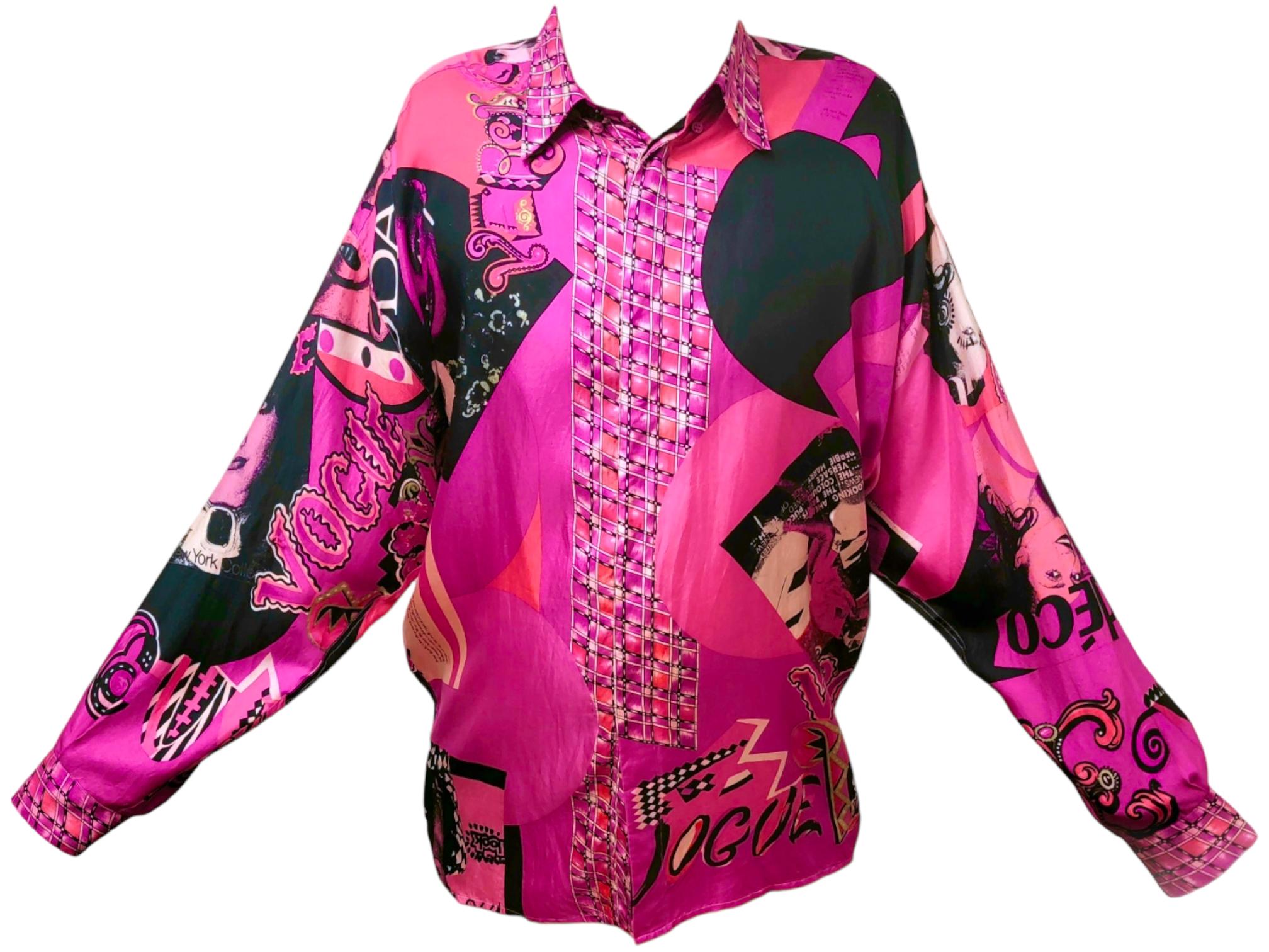 Museum worthy and original Gianni Versace lifetime “Vogue” magazine cover printed silk shirt from 1991.

The limited edition Vogue print showcases impeccable reproductions of selected Vogue Magazine covers in vivid, exceptionally scarce shades of