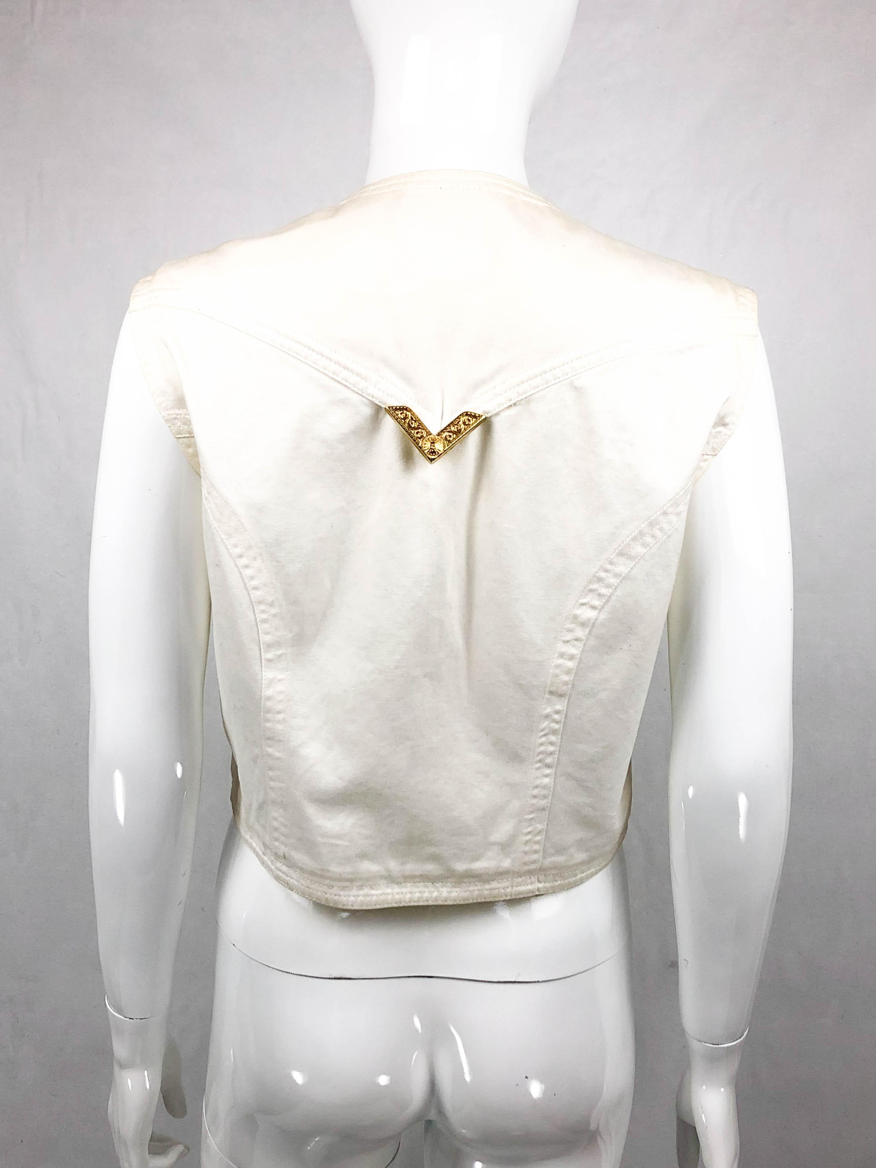 1991 Gianni Versace White Denim Waistcoat With Gilt Tips For Sale 5