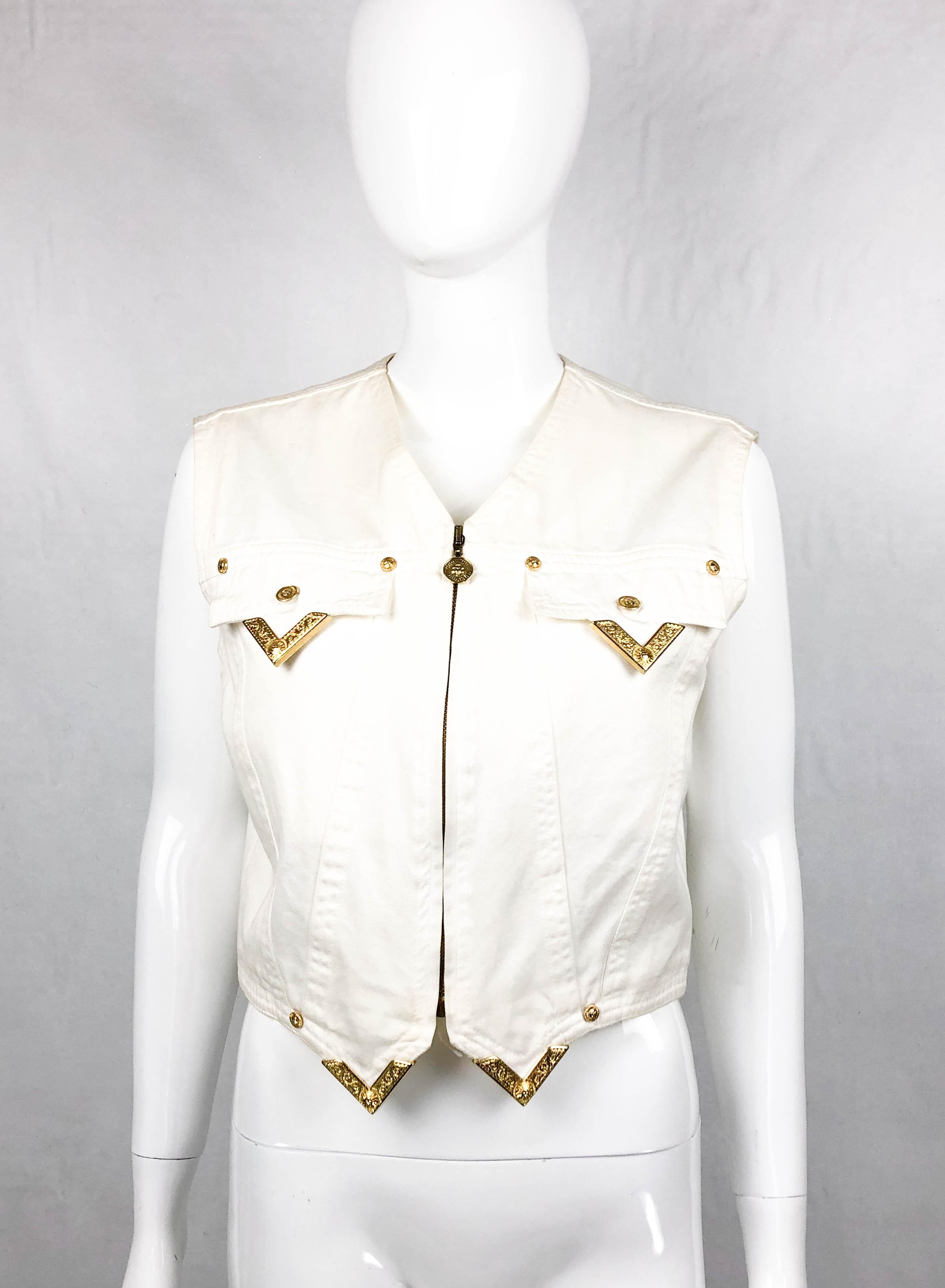 Gray 1991 Gianni Versace White Denim Waistcoat With Gilt Tips For Sale