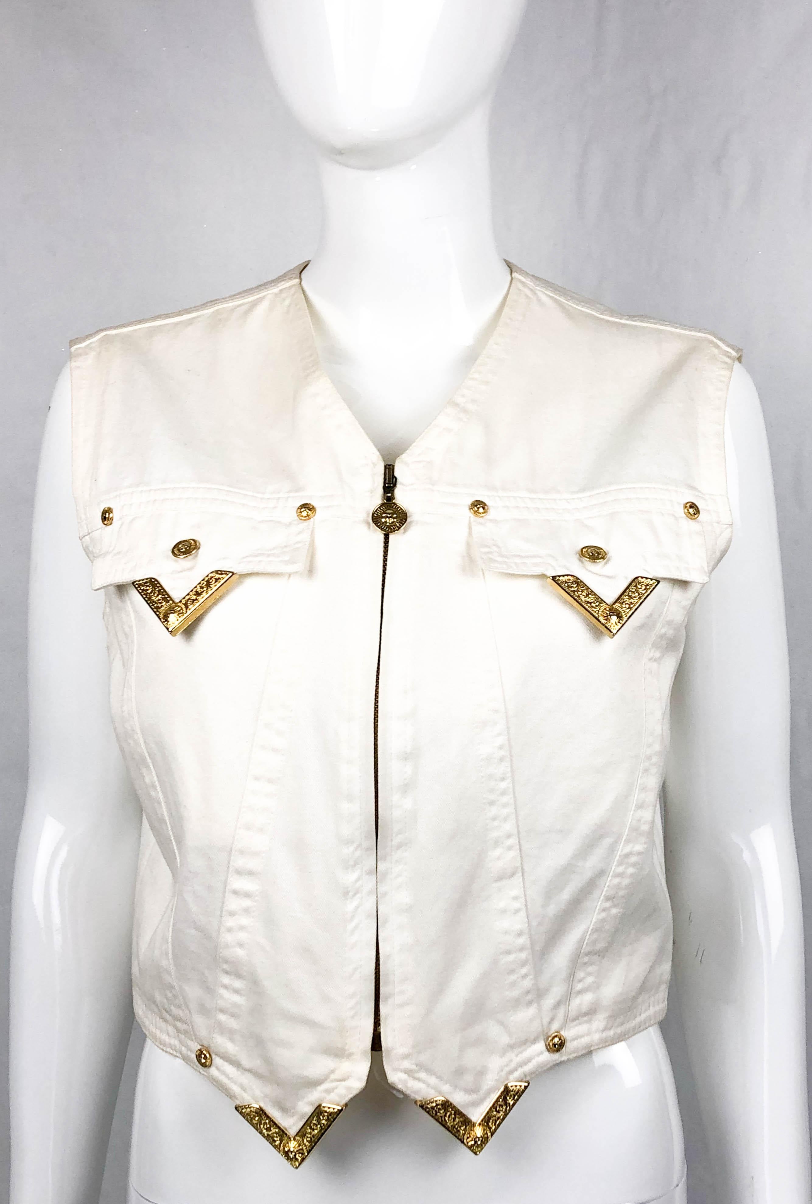 1991 Gianni Versace White Denim Waistcoat With Gilt Tips In Excellent Condition For Sale In London, Chelsea