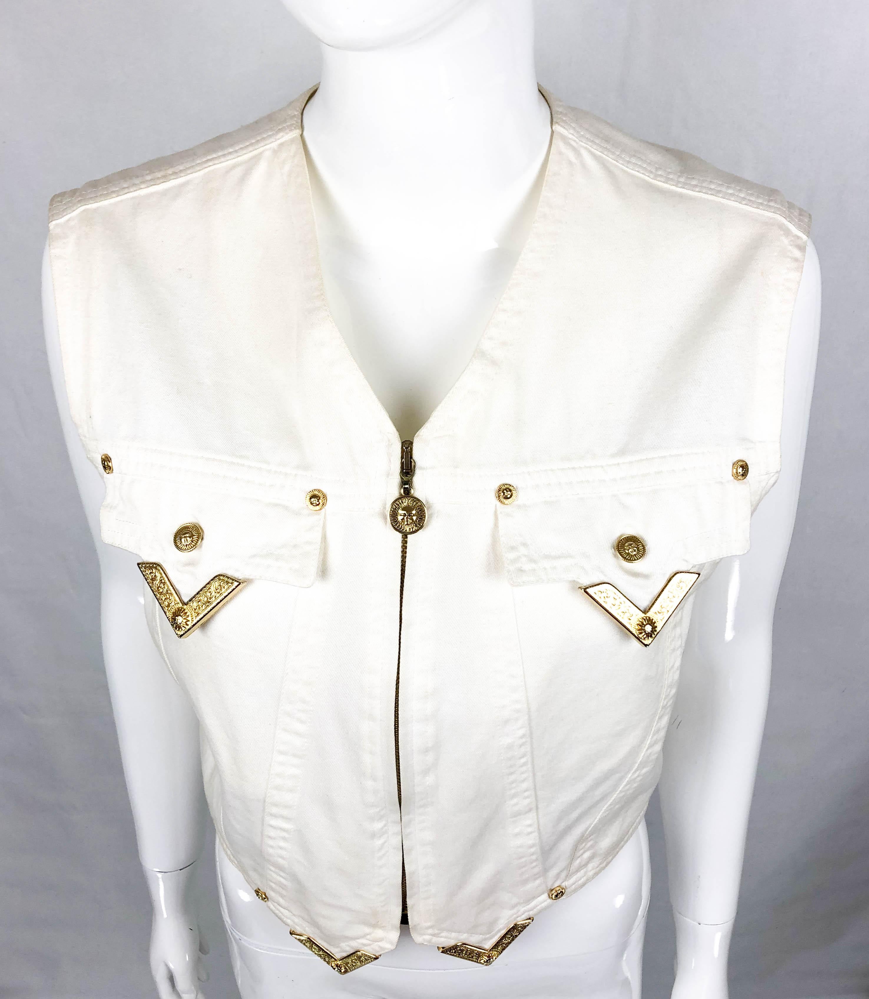 1991 Gianni Versace White Denim Waistcoat With Gilt Tips For Sale 1