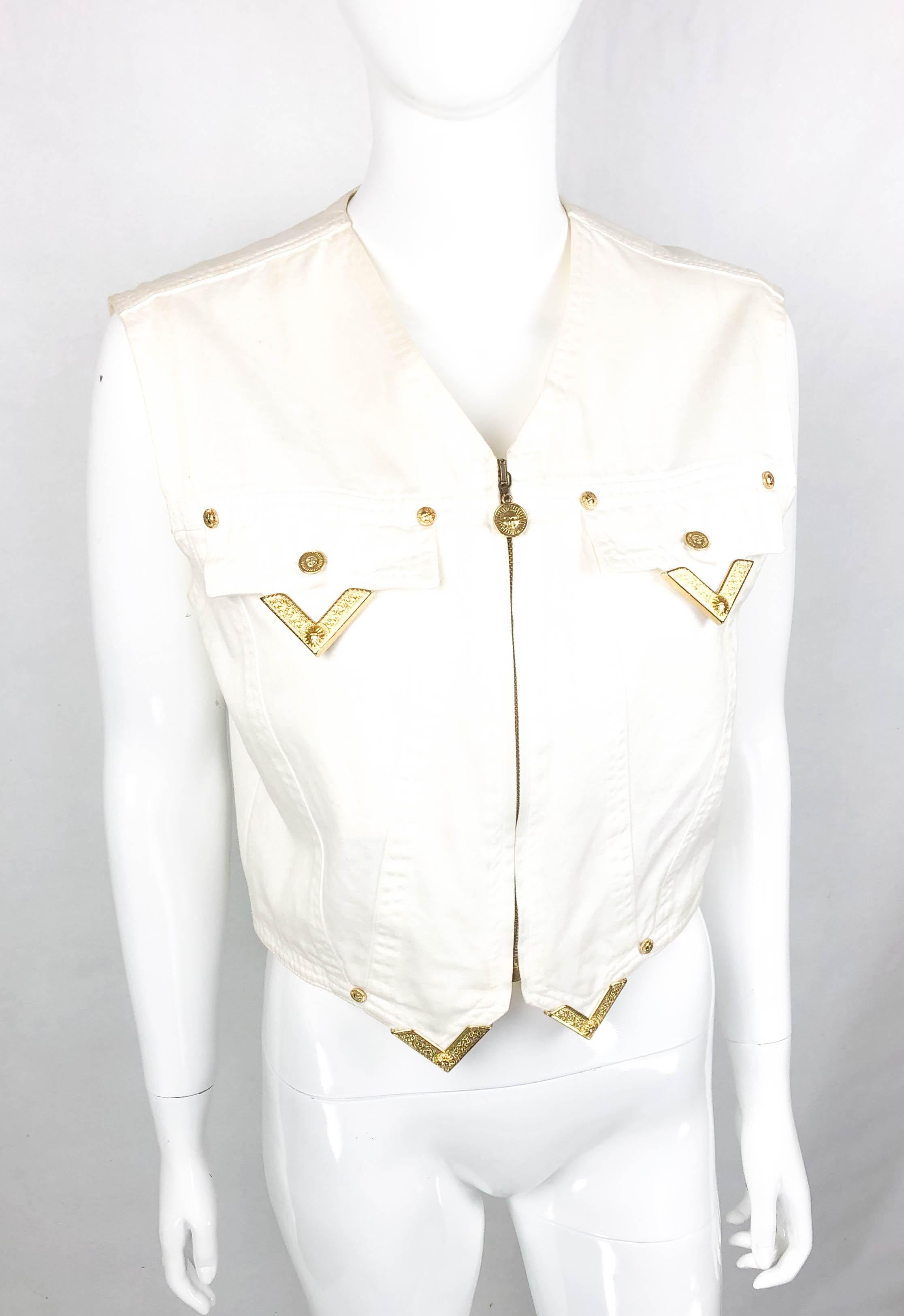 1991 Gianni Versace White Denim Waistcoat With Gilt Tips For Sale 2