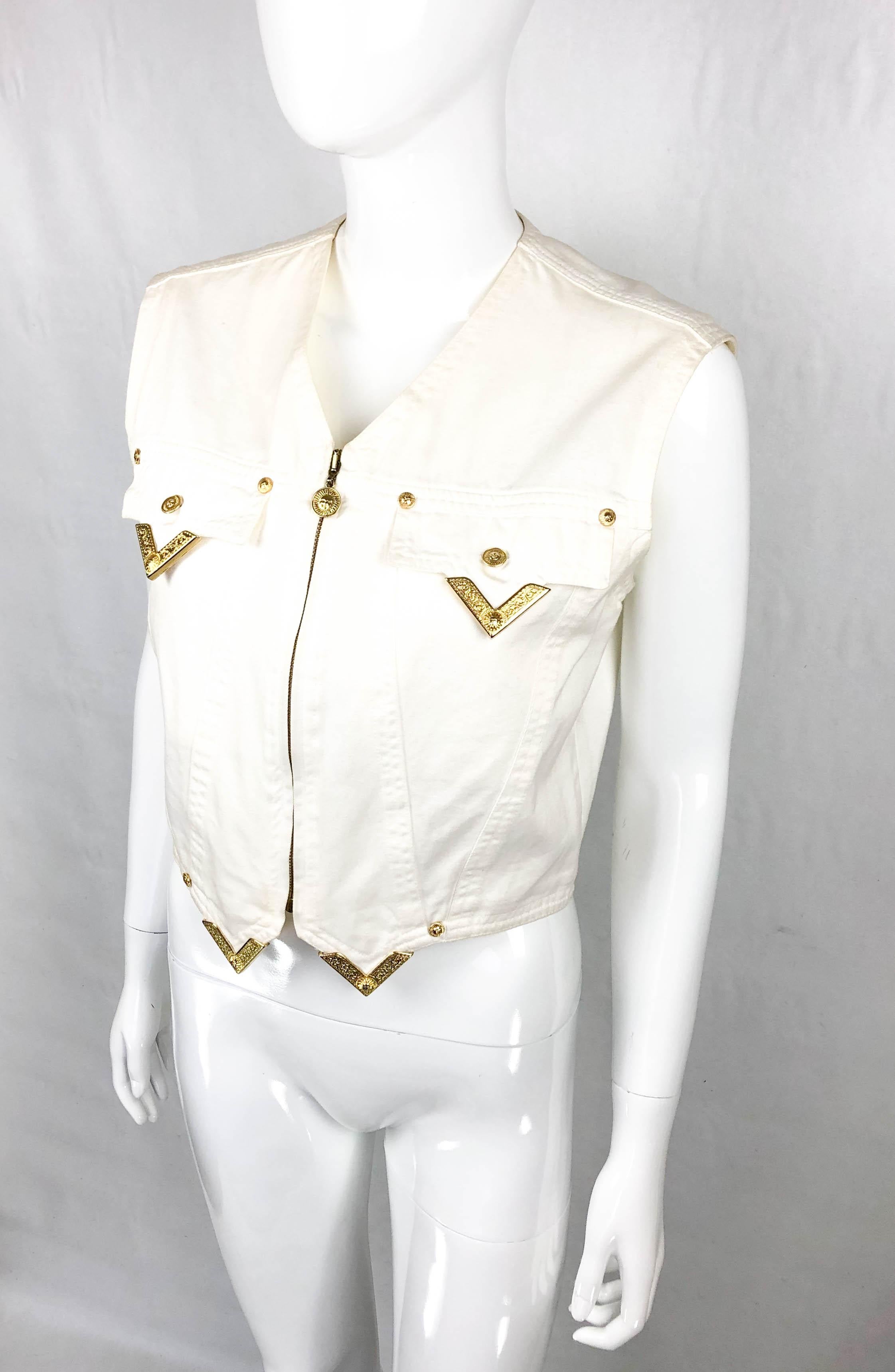 1991 Gianni Versace White Denim Waistcoat With Gilt Tips For Sale 3