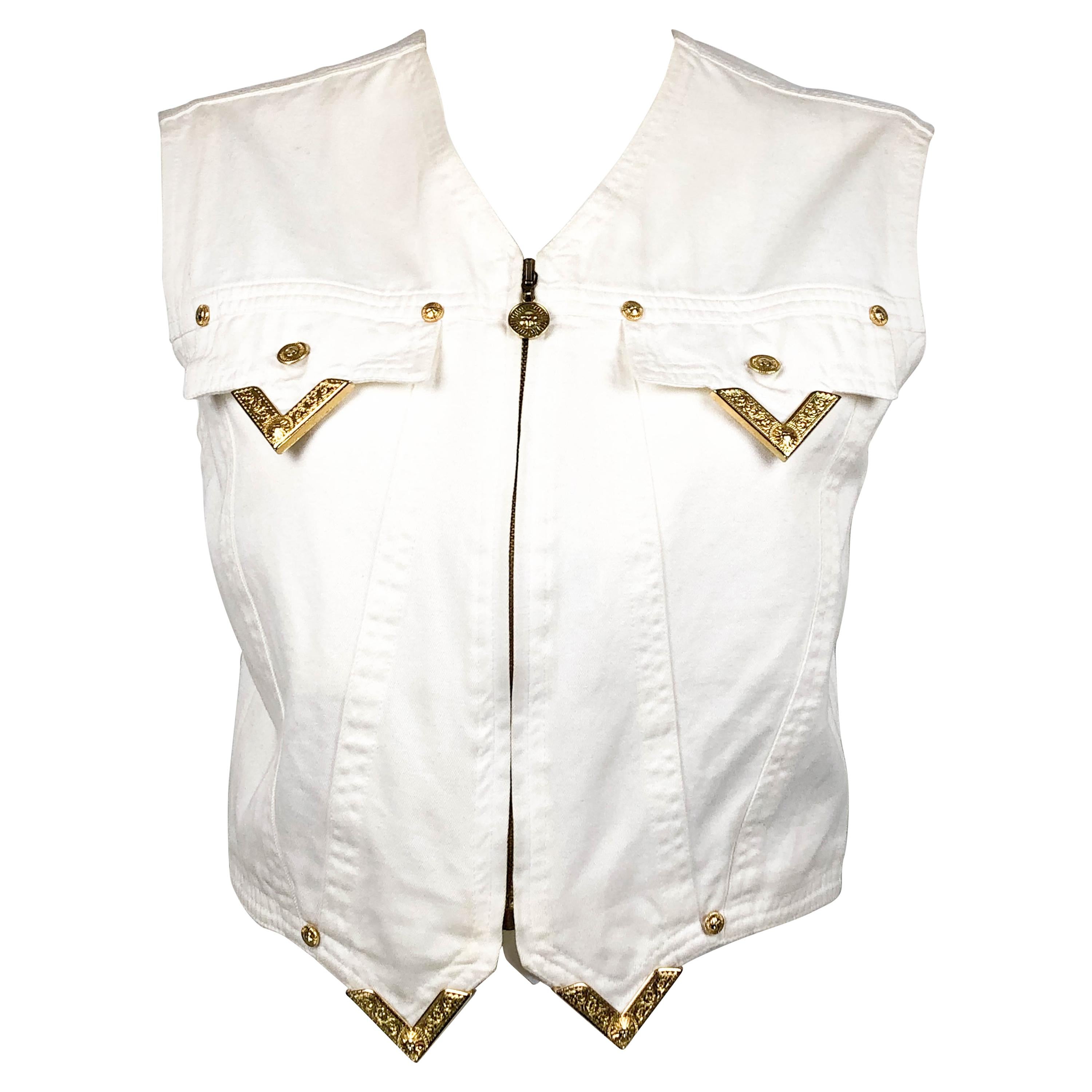 1991 Gianni Versace White Denim Waistcoat With Gilt Tips For Sale