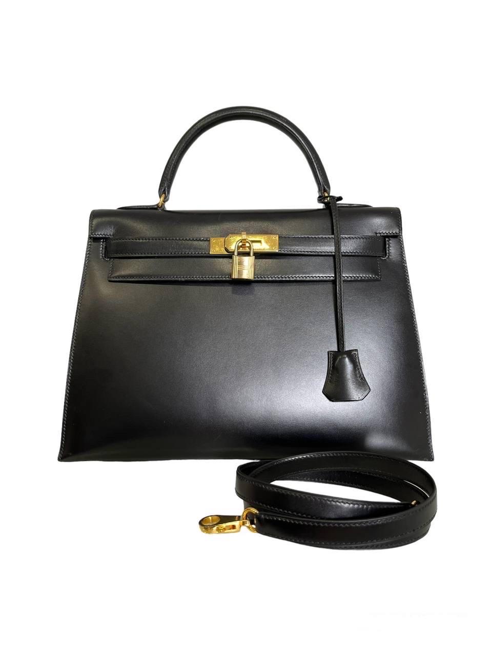 1991 Hermès Kelly 32 Box Calf Noir Top Handle Bag 7