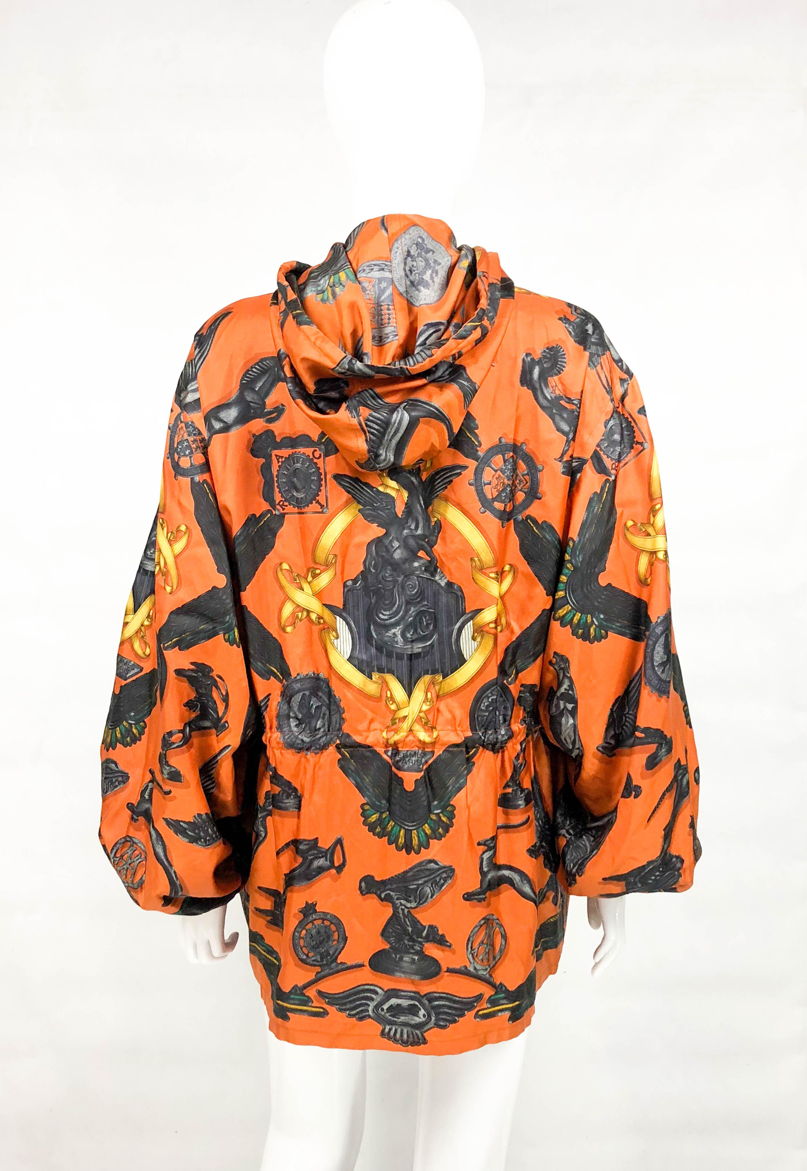 1991 Hermes 'Les Parure du Vent' Printed Silk Hooded Jacket / Raincoat 6