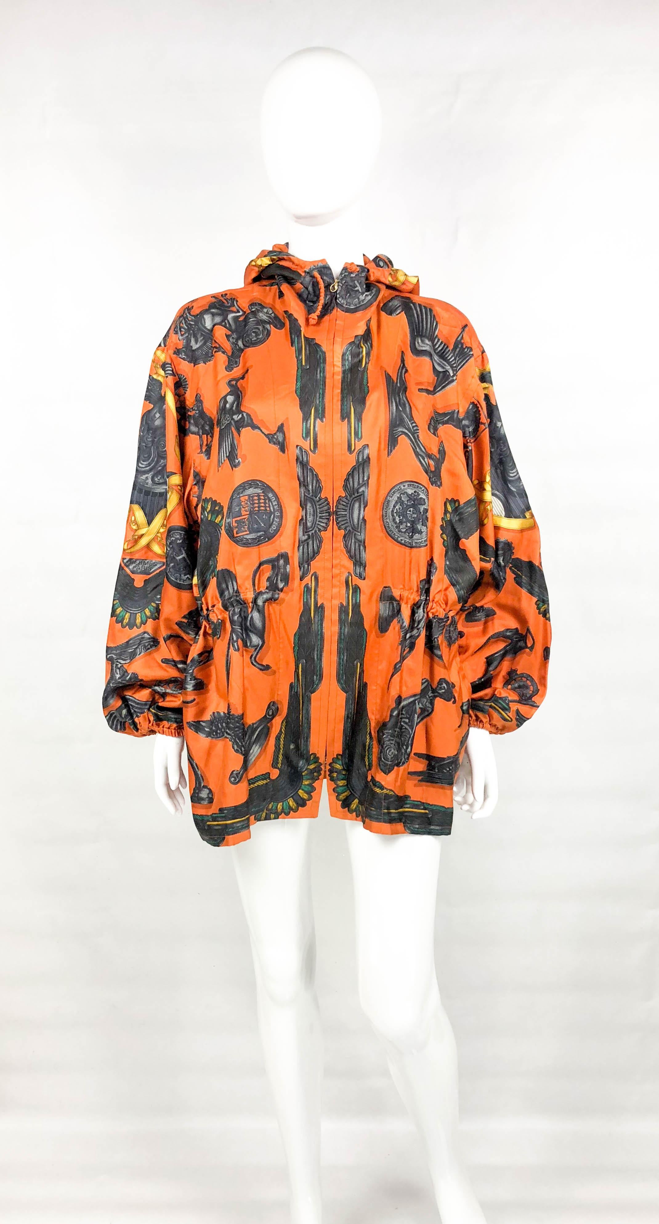 Orange 1991 Hermes 'Les Parure du Vent' Printed Silk Hooded Jacket / Raincoat