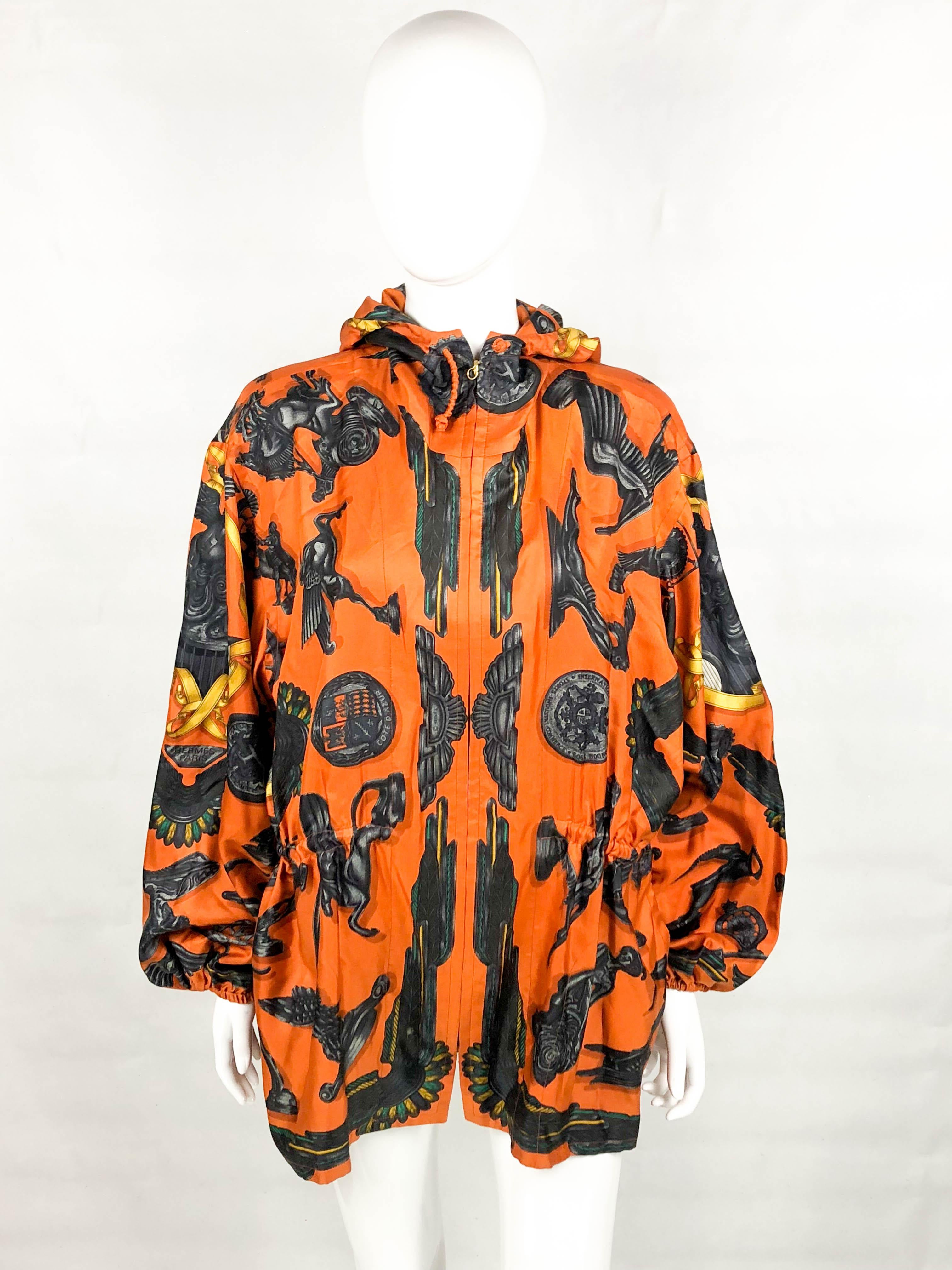 Women's 1991 Hermes 'Les Parure du Vent' Printed Silk Hooded Jacket / Raincoat
