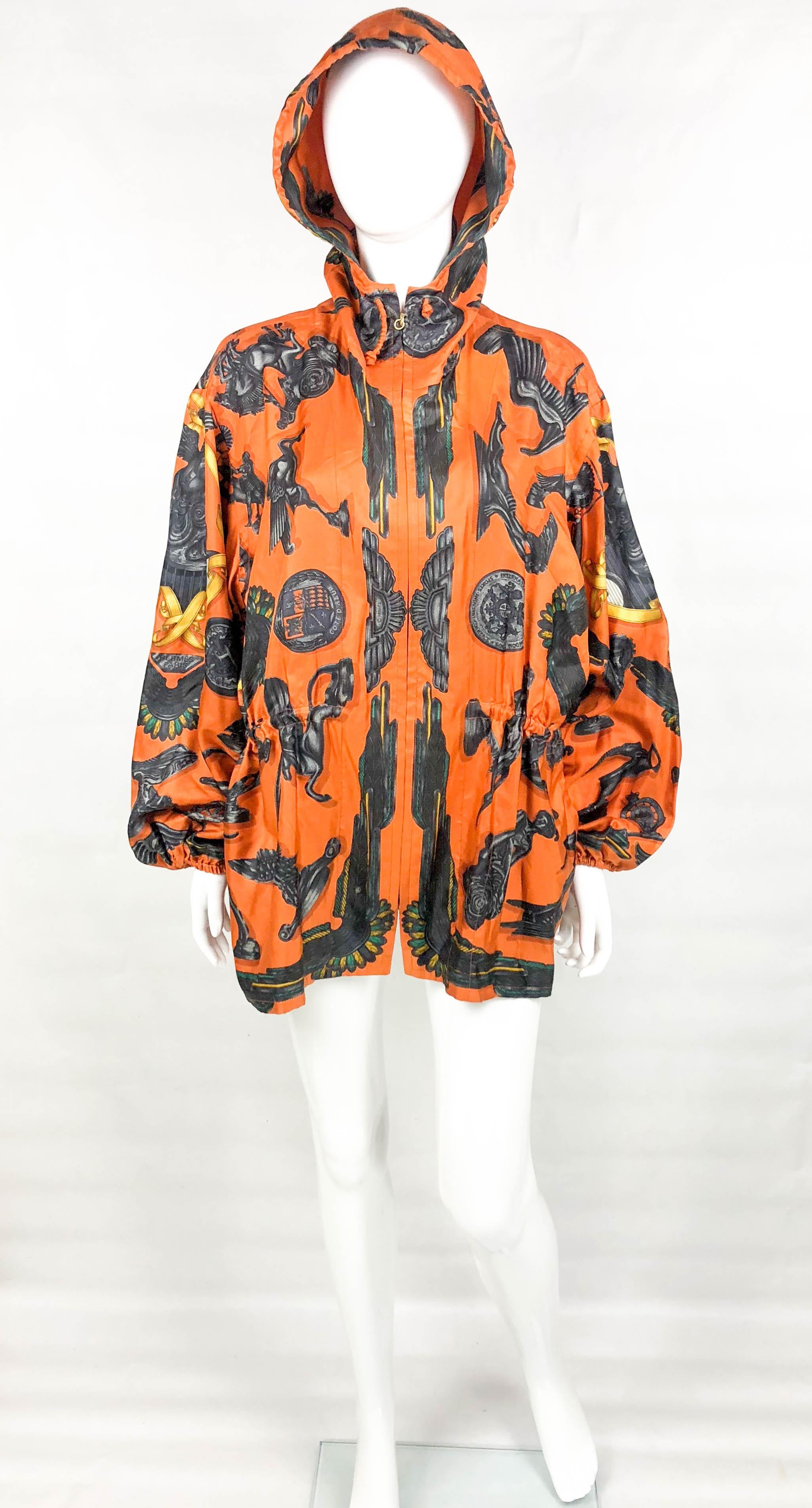1991 Hermes 'Les Parure du Vent' Printed Silk Hooded Jacket / Raincoat 1