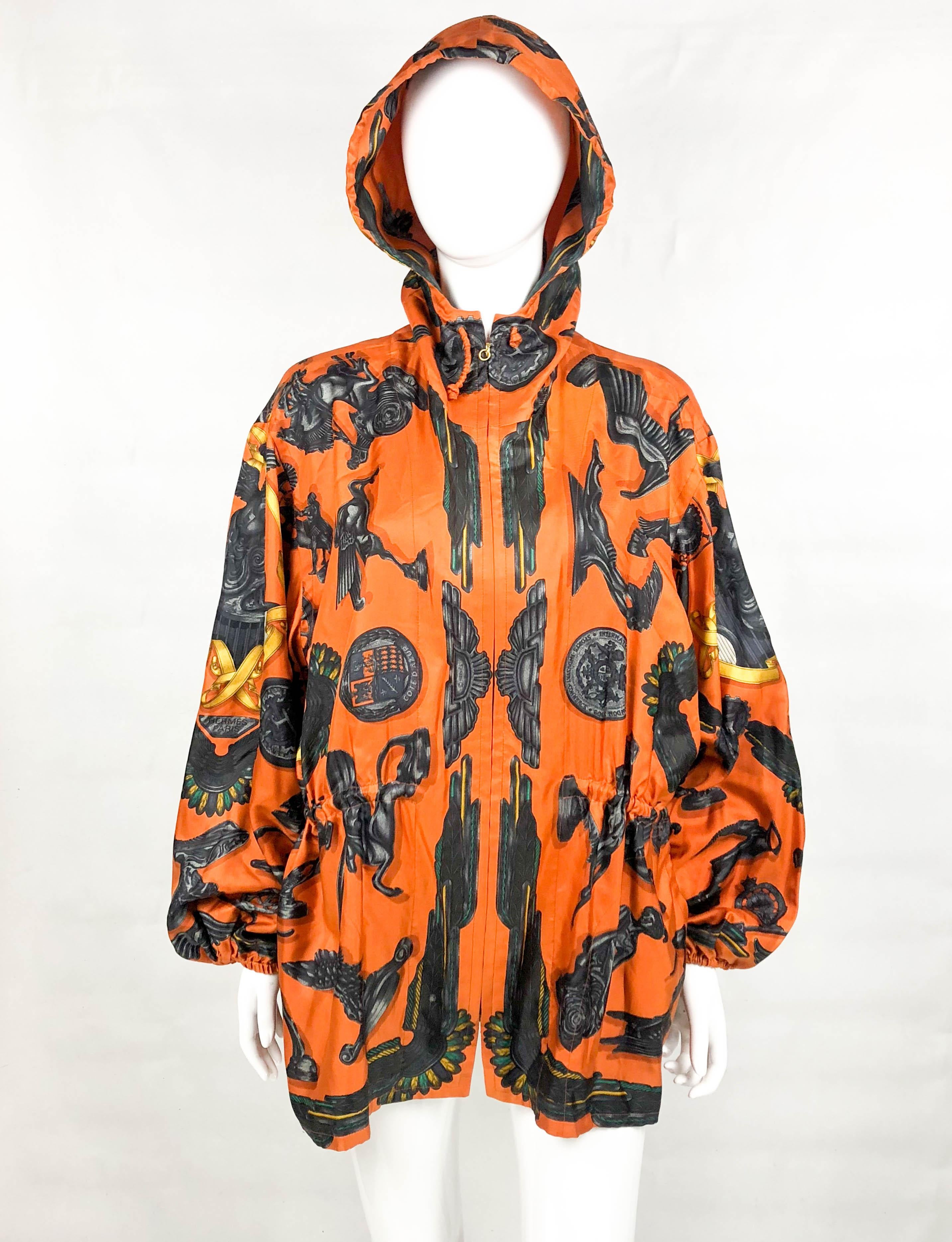 1991 Hermes 'Les Parure du Vent' Printed Silk Hooded Jacket / Raincoat 2