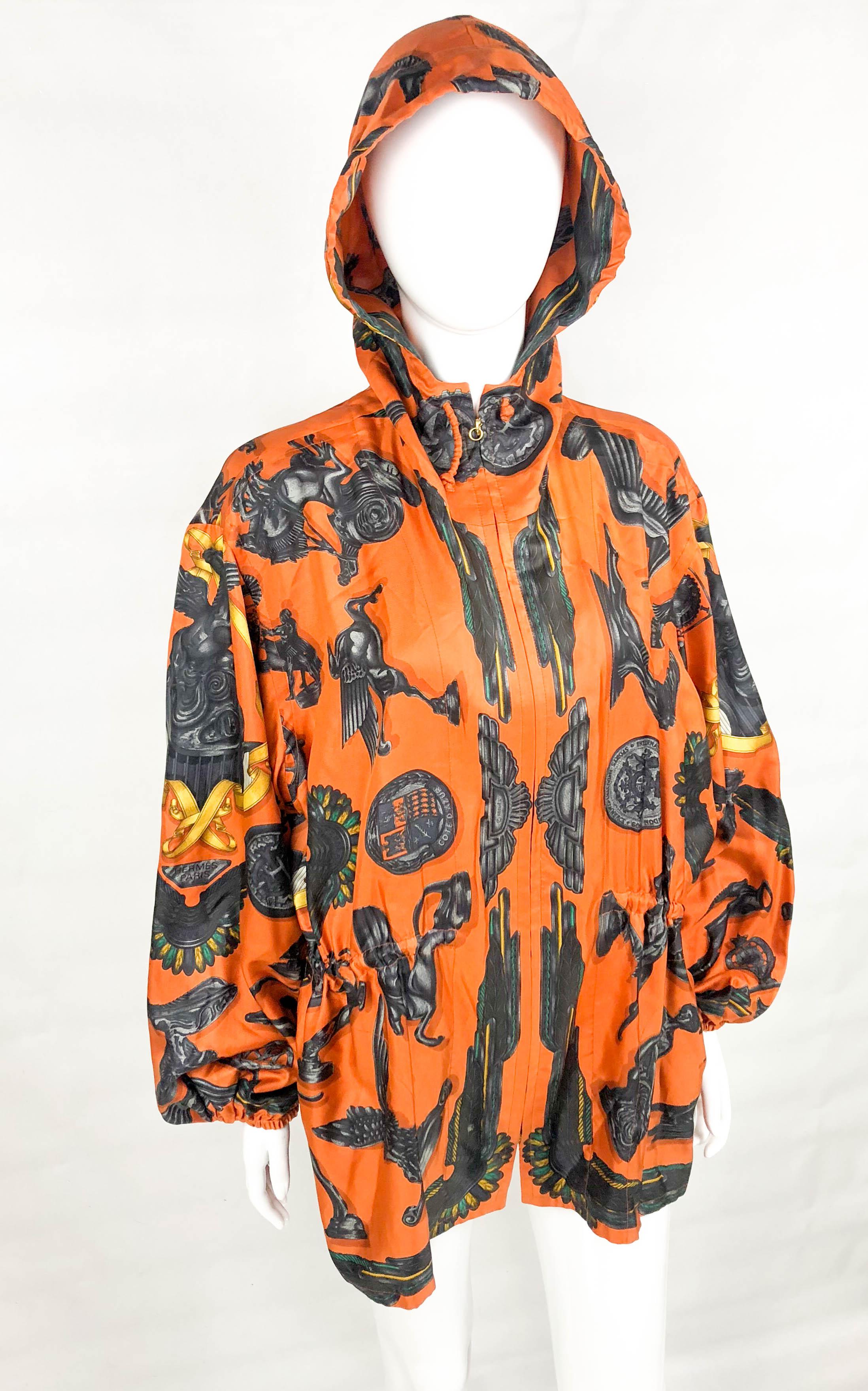 1991 Hermes 'Les Parure du Vent' Printed Silk Hooded Jacket / Raincoat 3