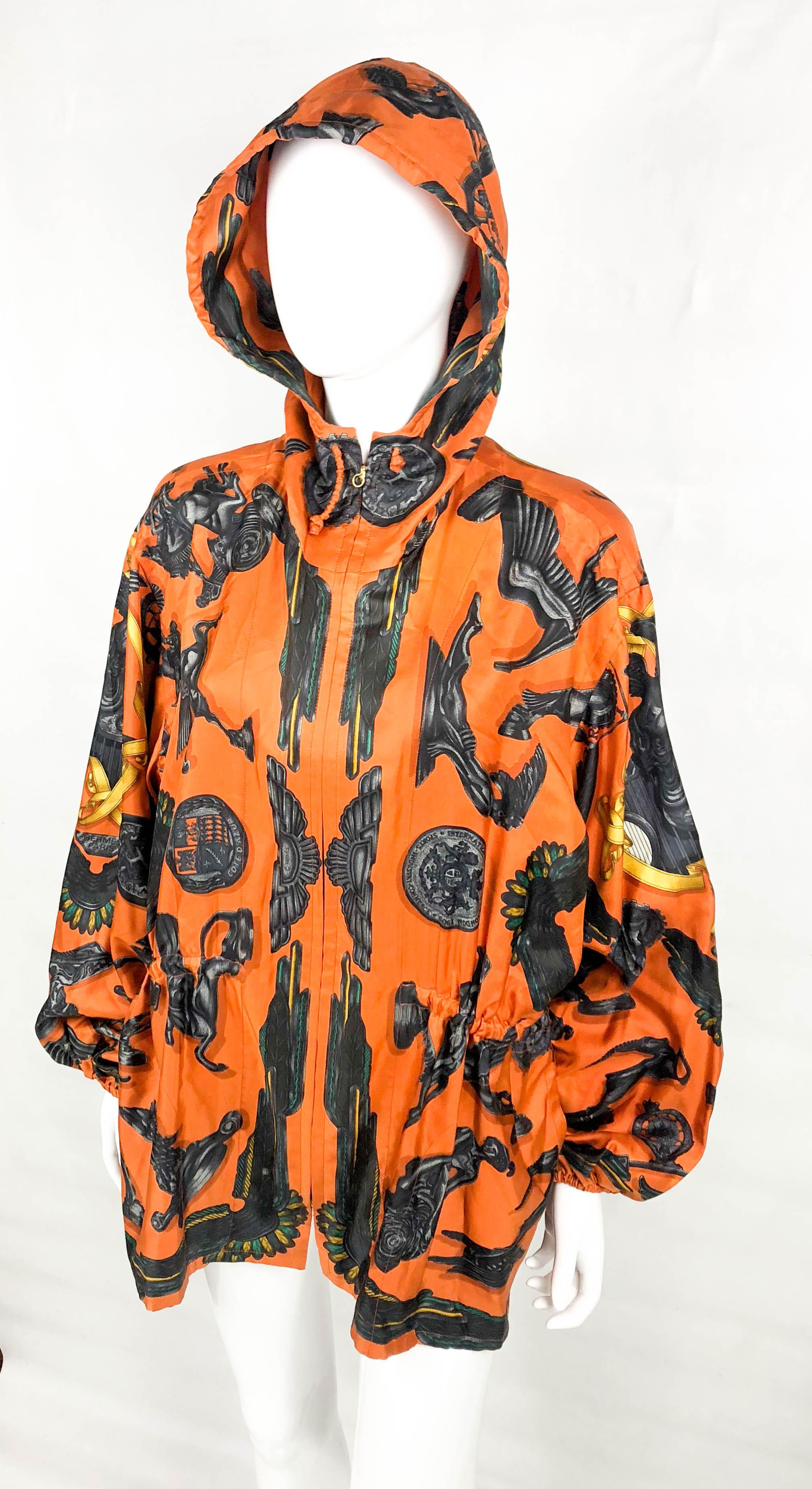 1991 Hermes 'Les Parure du Vent' Printed Silk Hooded Jacket / Raincoat 4