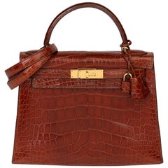 1991 Hermès Miel Shiny Alligator Leather Vintage Kelly 28cm Sellier