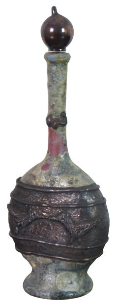 1991 Israeli Domar Silver Overlay Art Glass Ceramic Perfume Bottle Judaica