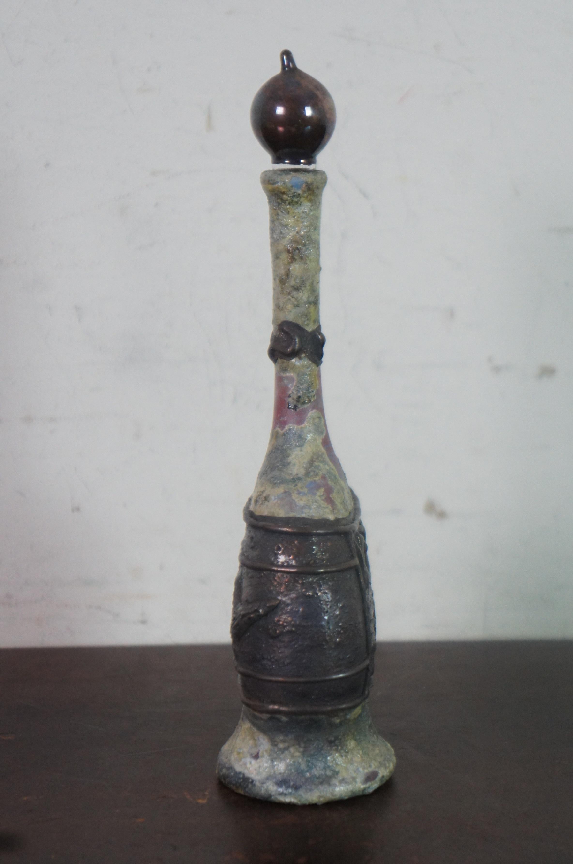 1991 Israeli Domar Silver Overlay Art Glass Ceramic Perfume Bottle Judaica In Good Condition In Dayton, OH