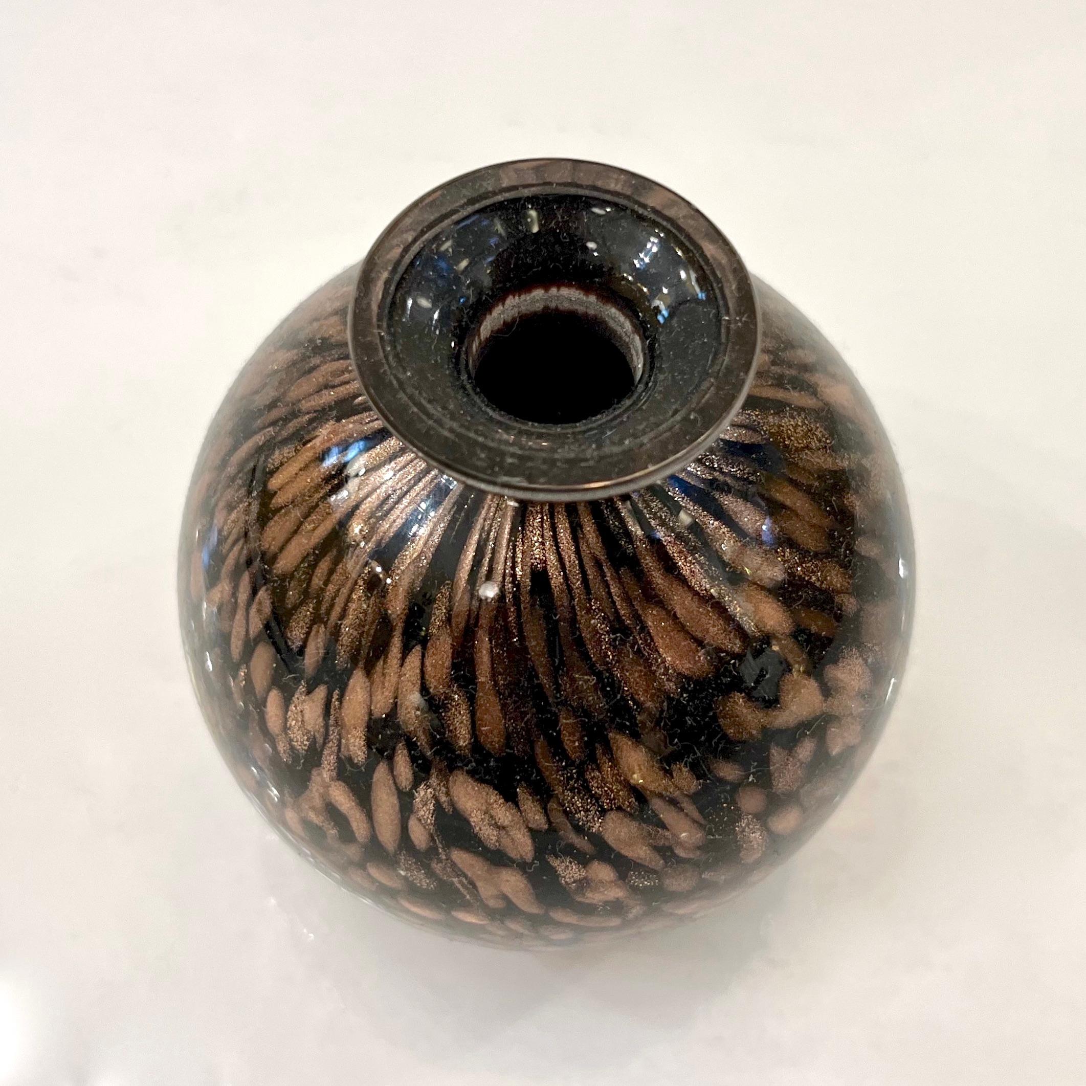 Hand-Crafted 1991 Italian Murano Art Glass Black Copper Sommerso Single Flower Round Vase