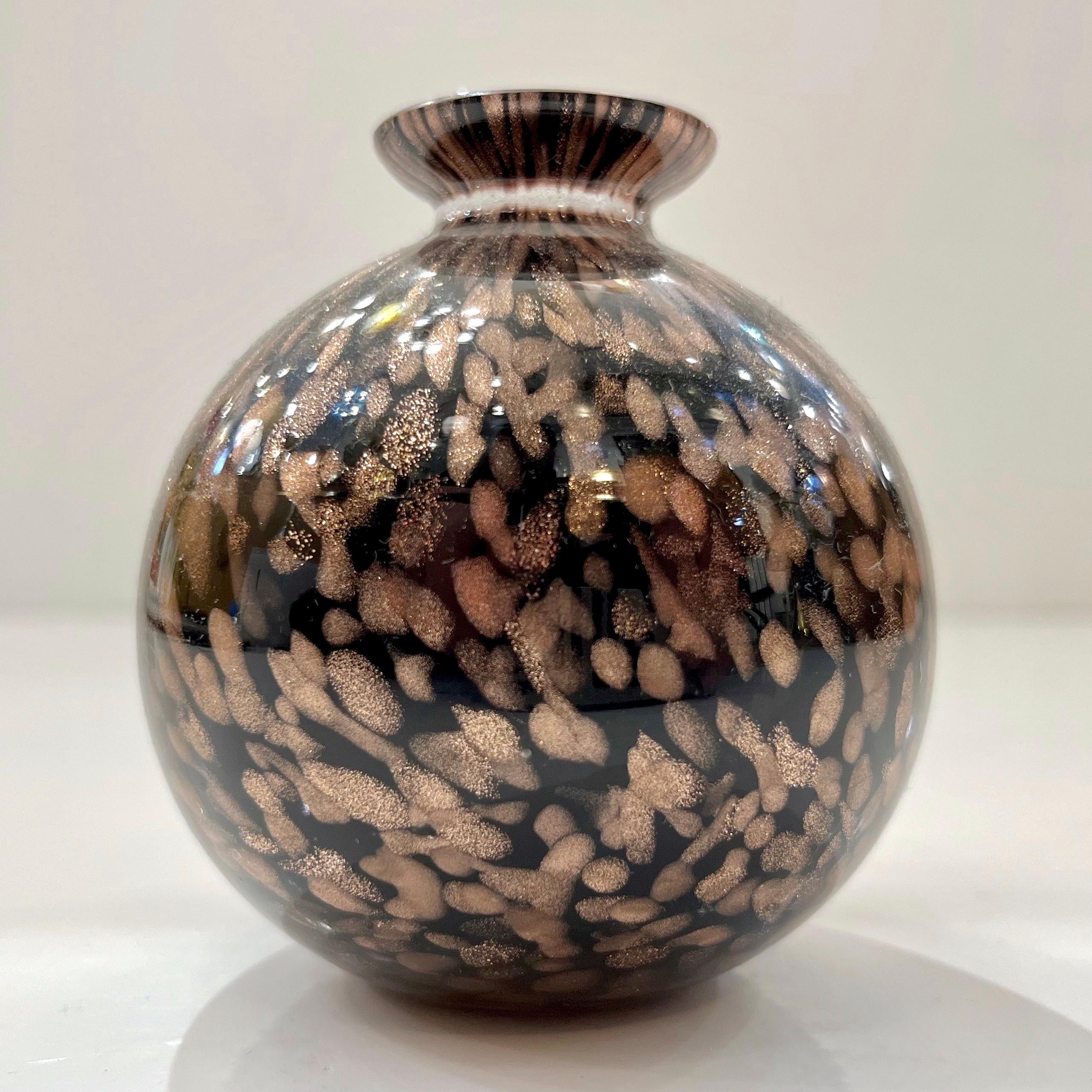 1991 Italian Murano Art Glass Black Copper Sommerso Single Flower Round Vase 1