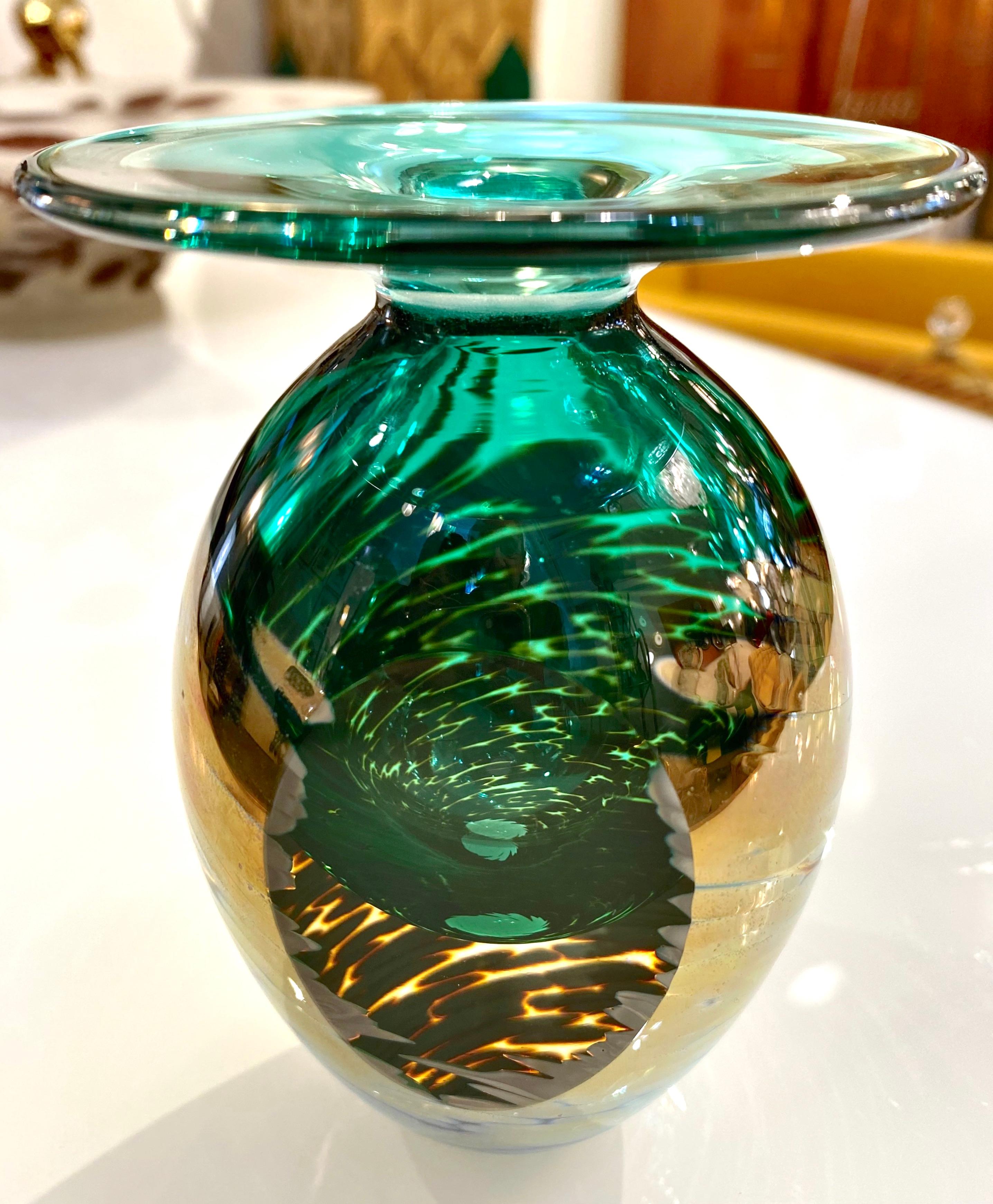 1991 Italian Murano Art Glass Green Gold Sommerso Single Flower Oval Vase For Sale 4