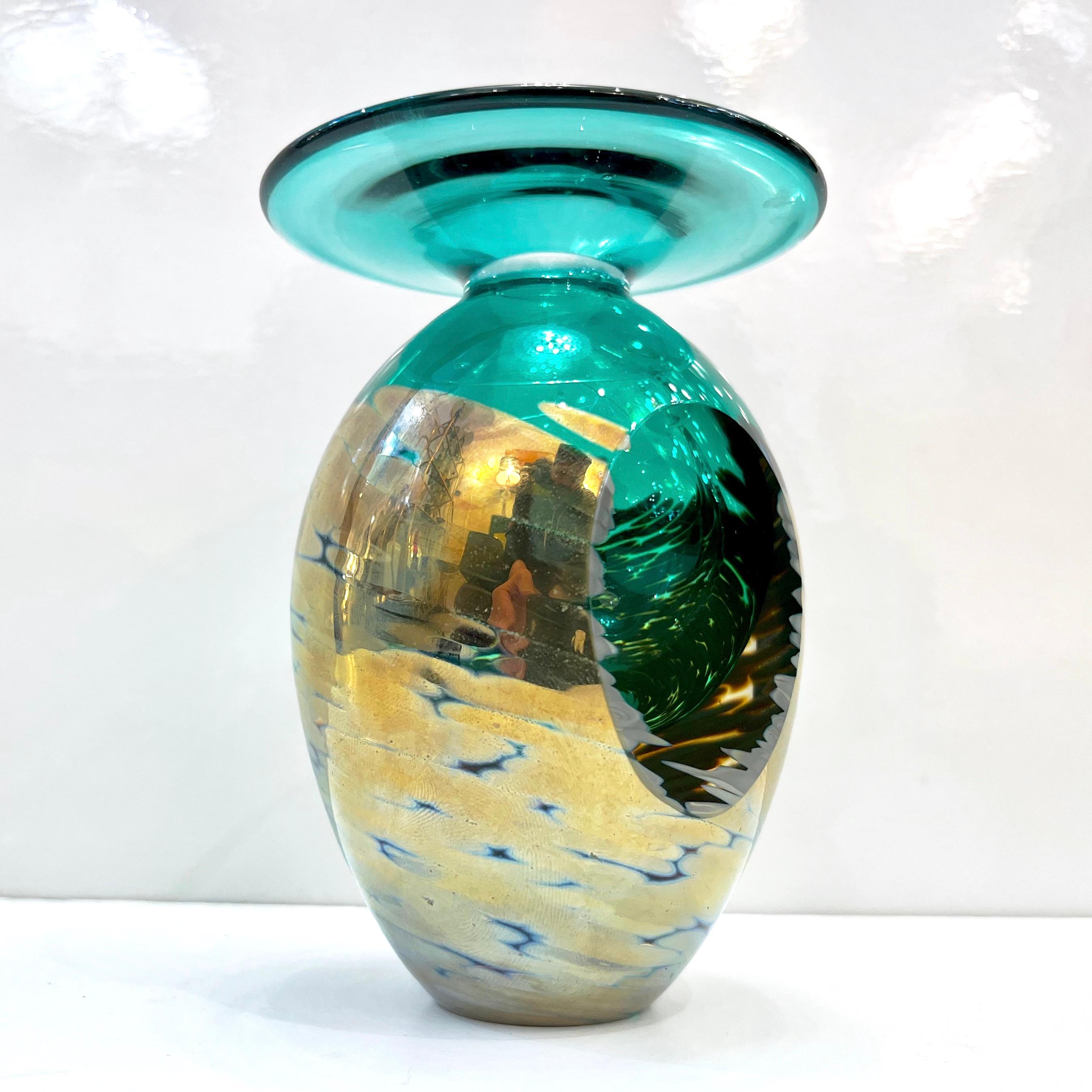 1991 Italian Murano Art Glass Green Gold Sommerso Single Flower Oval Vase For Sale 5
