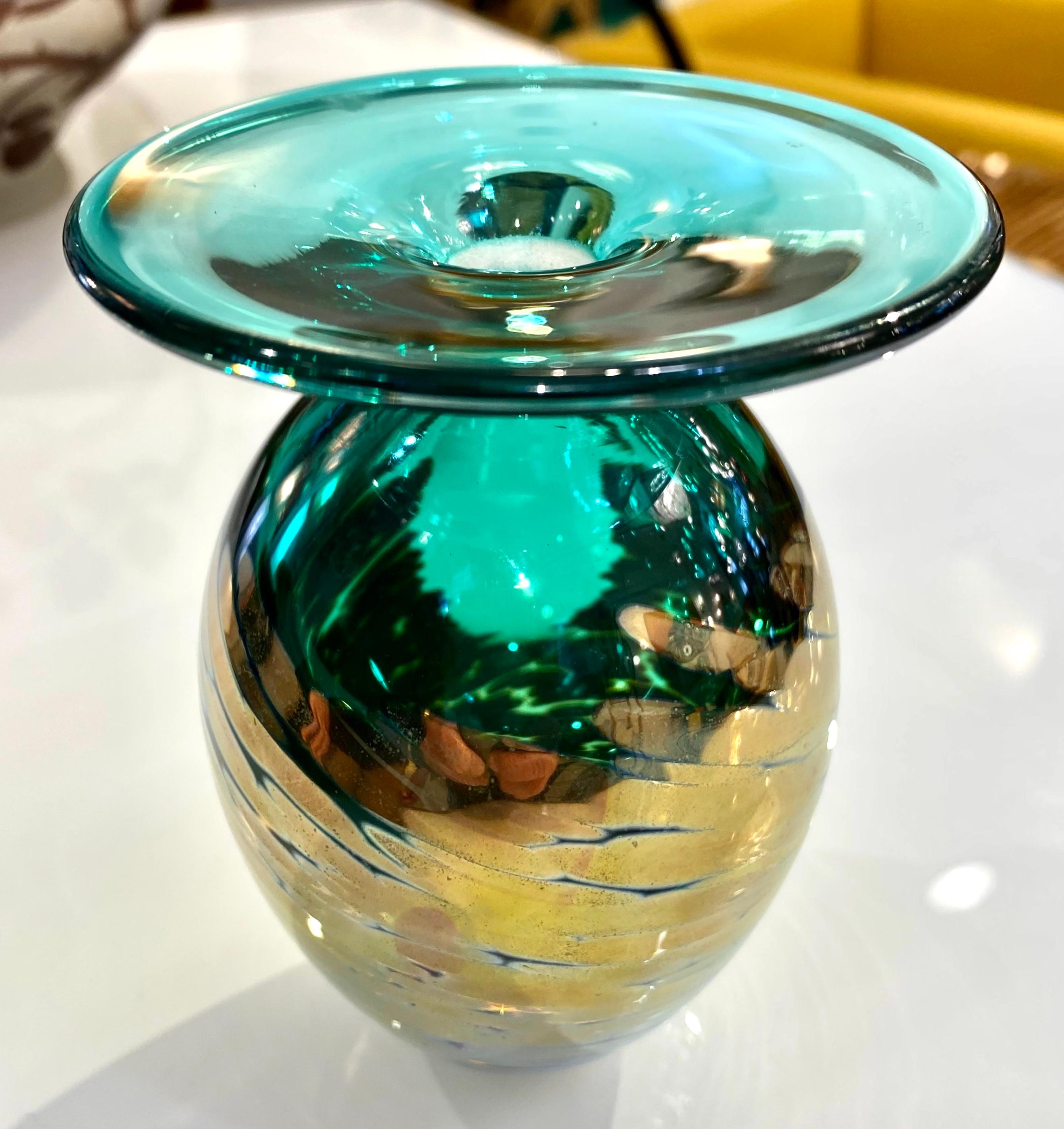 1991 Italian Murano Art Glass Green Gold Sommerso Single Flower Oval Vase For Sale 6