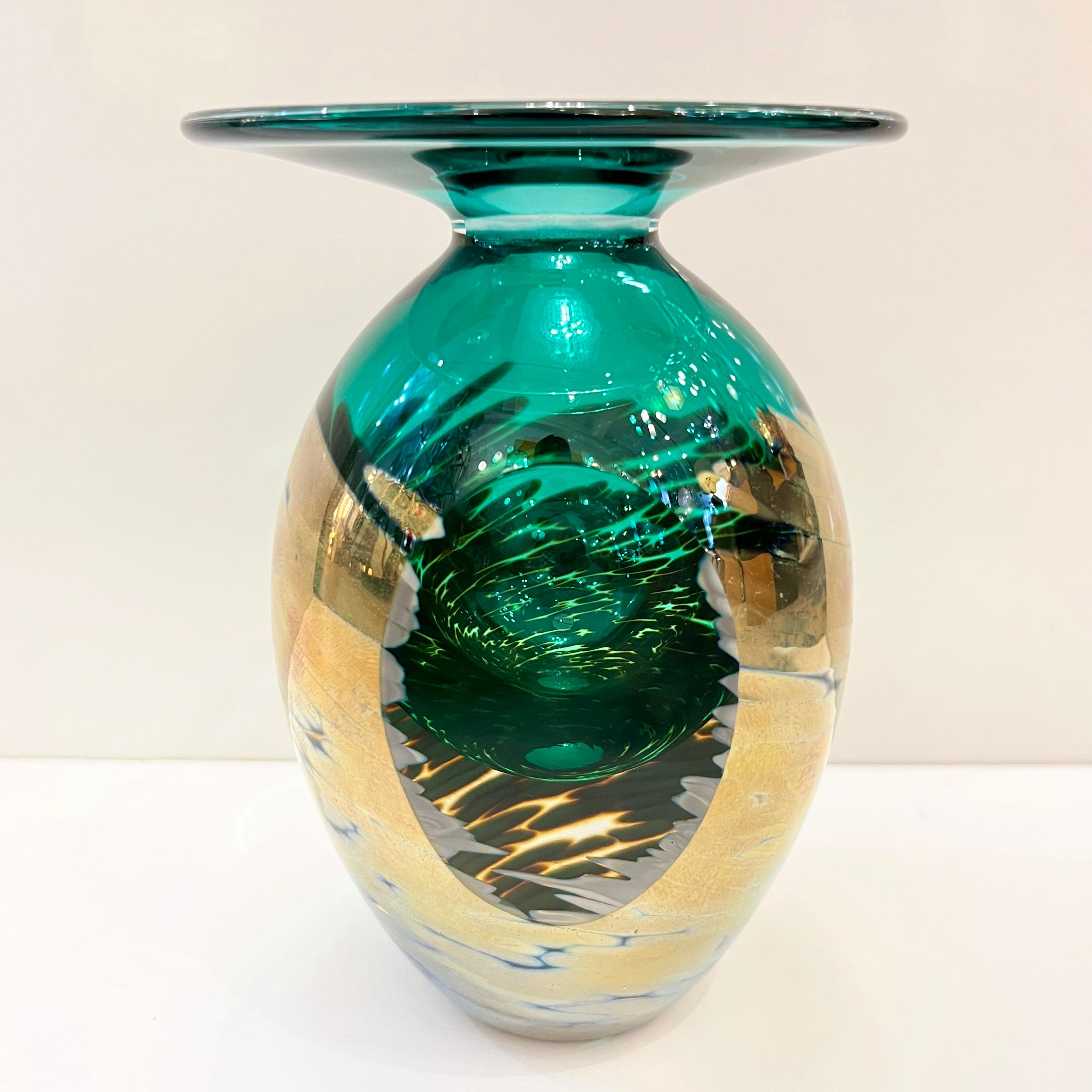 1991 Italian Murano Art Glass Green Gold Sommerso Single Flower Oval Vase For Sale 7