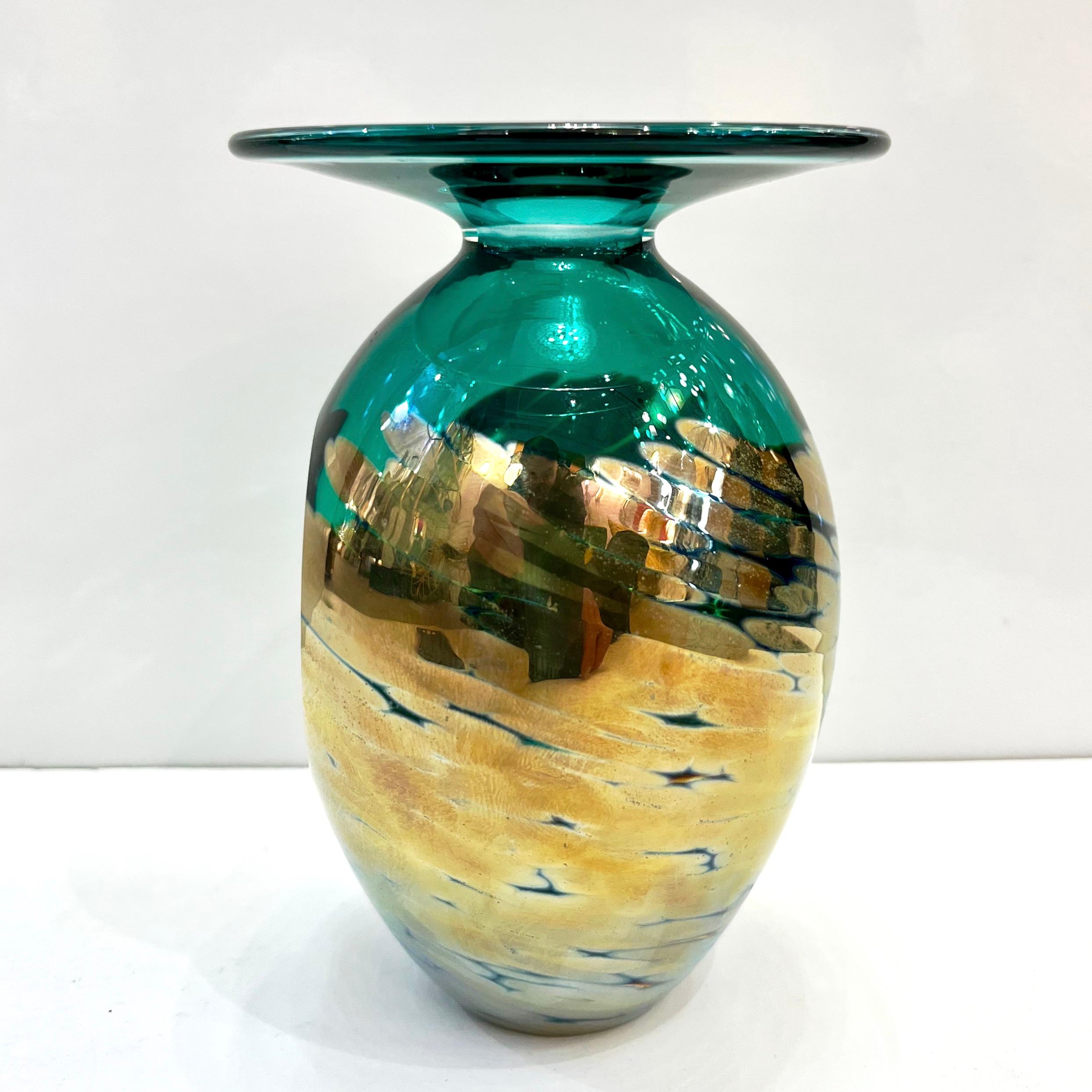 1991 Italian Murano Art Glass Green Gold Sommerso Single Flower Oval Vase For Sale 8