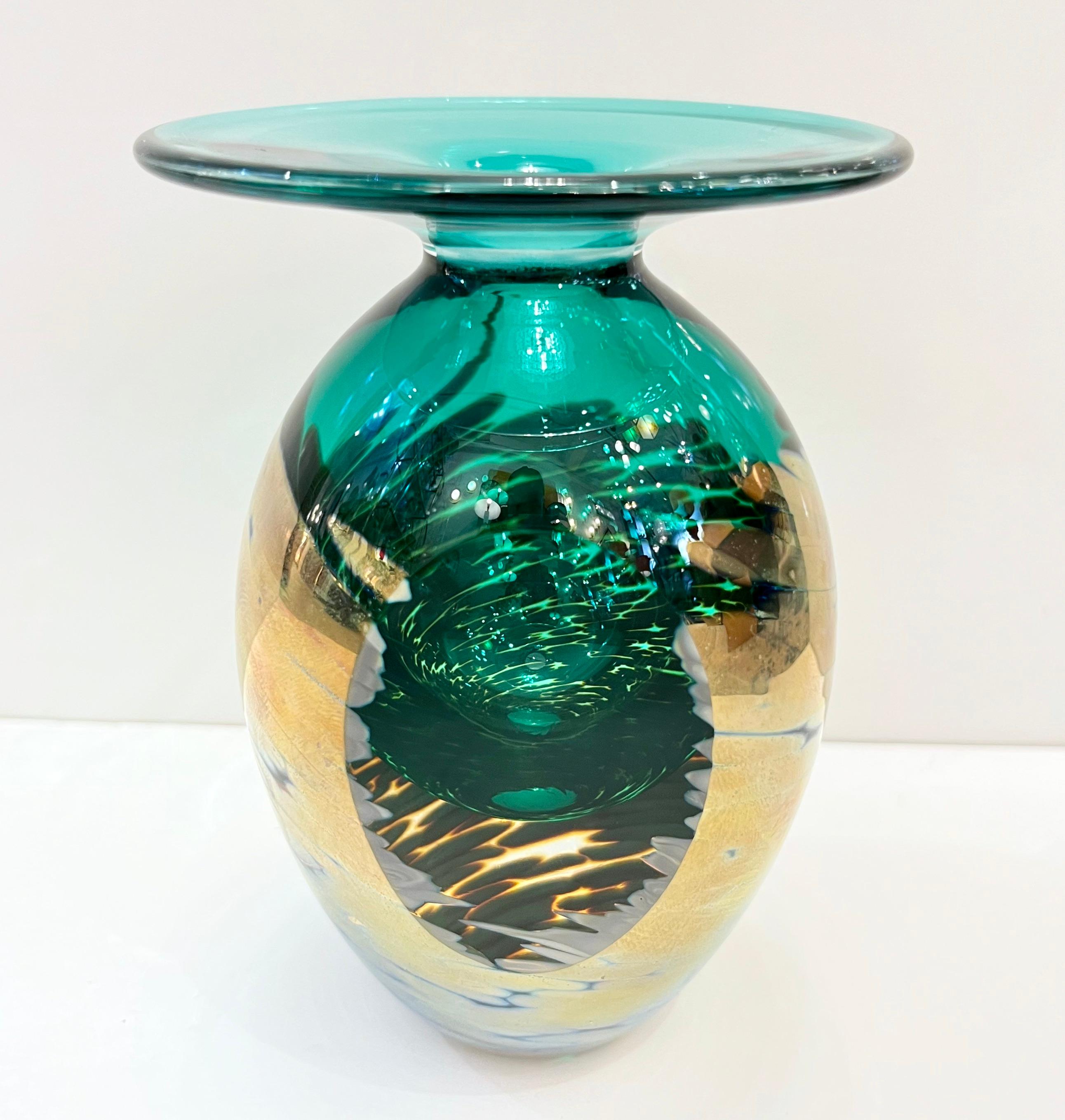 1991 Italian Murano Art Glass Green Gold Sommerso Single Flower Oval Vase For Sale 10
