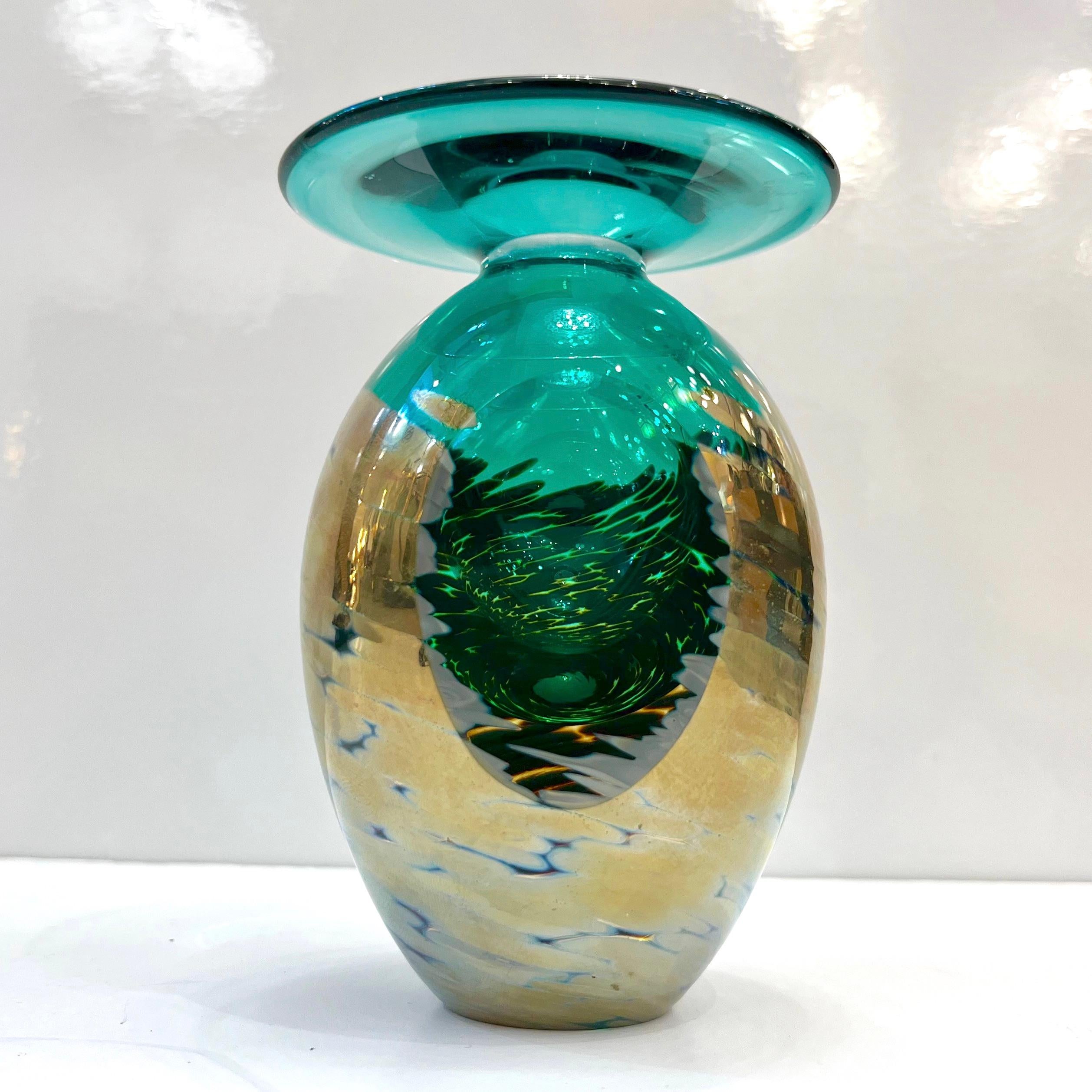 1991 Italian Murano Art Glass Green Gold Sommerso Single Flower Oval Vase For Sale 11