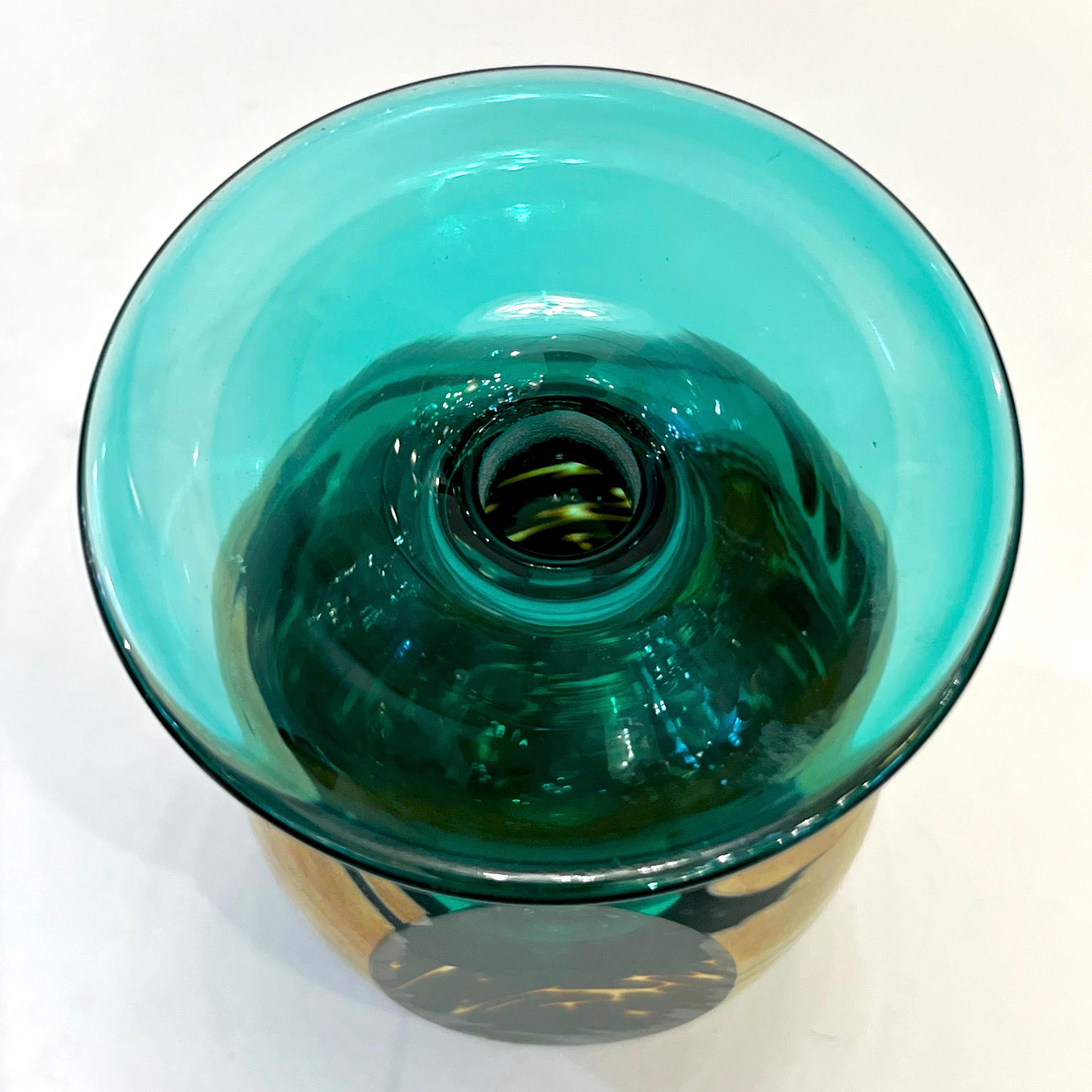 1991 Italian Murano Art Glass Green Gold Sommerso Single Flower Oval Vase For Sale 12