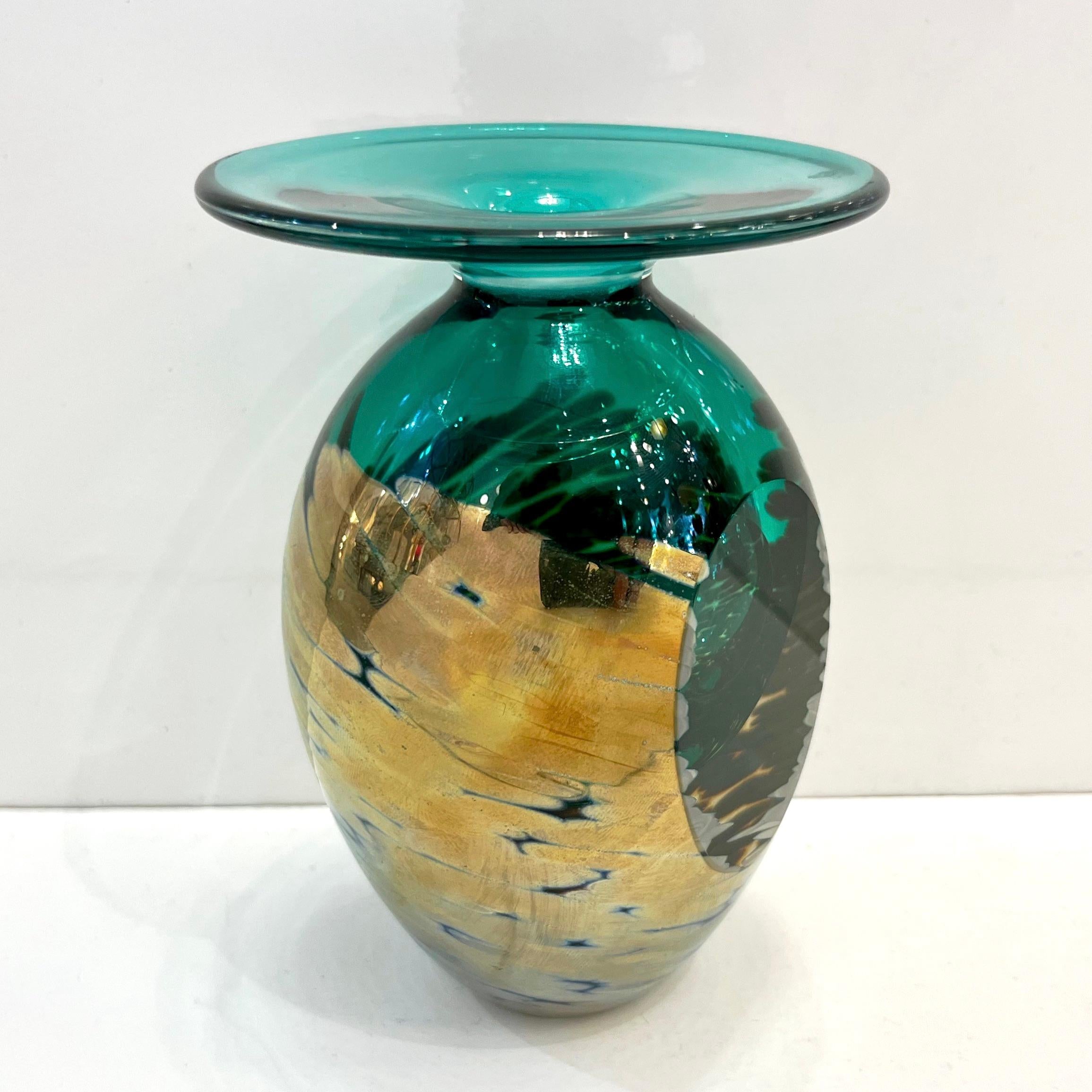 1991 Italian Murano Art Glass Green Gold Sommerso Single Flower Oval Vase For Sale 13
