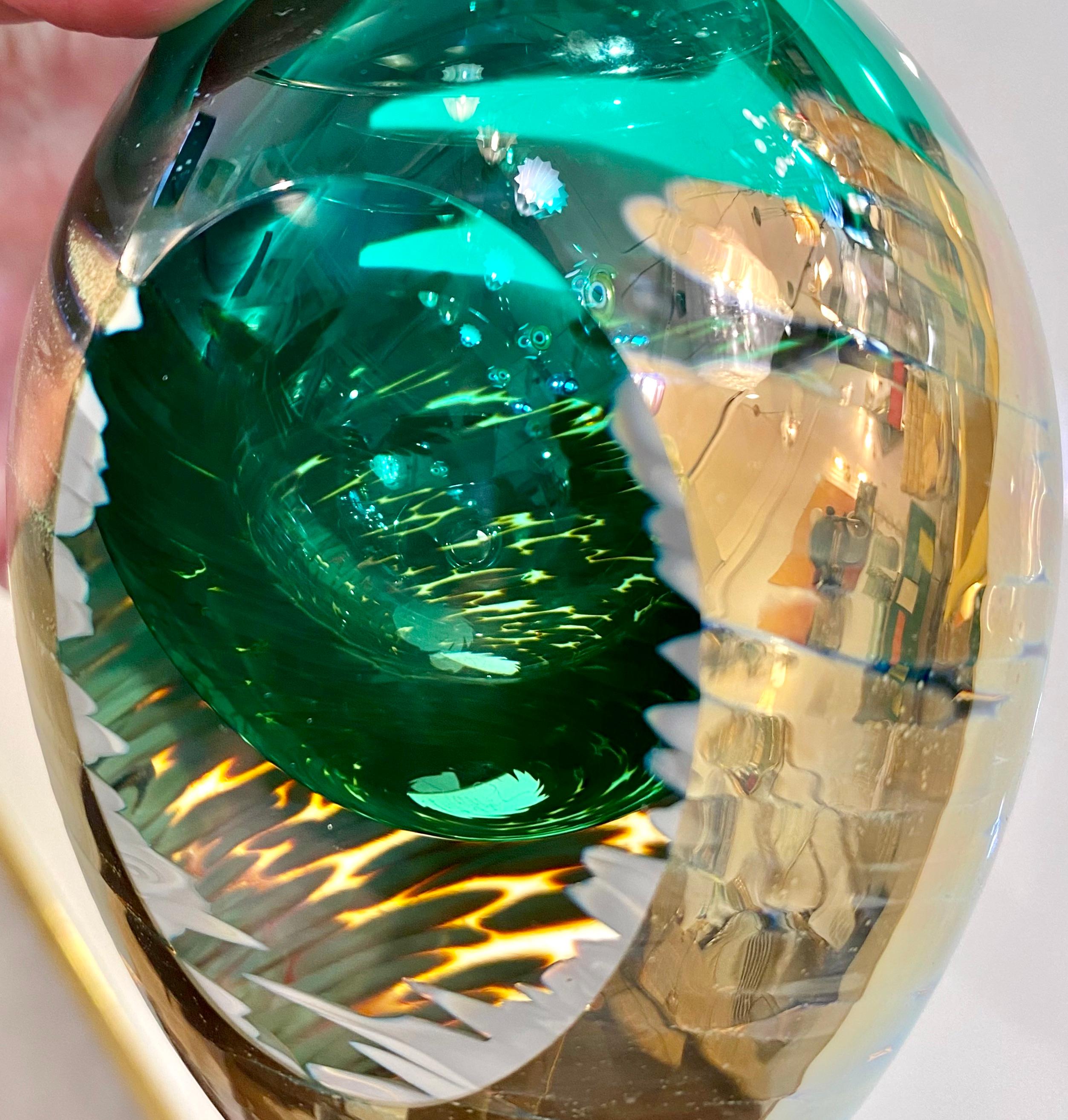 Hand-Crafted 1991 Italian Murano Art Glass Green Gold Sommerso Single Flower Oval Vase For Sale
