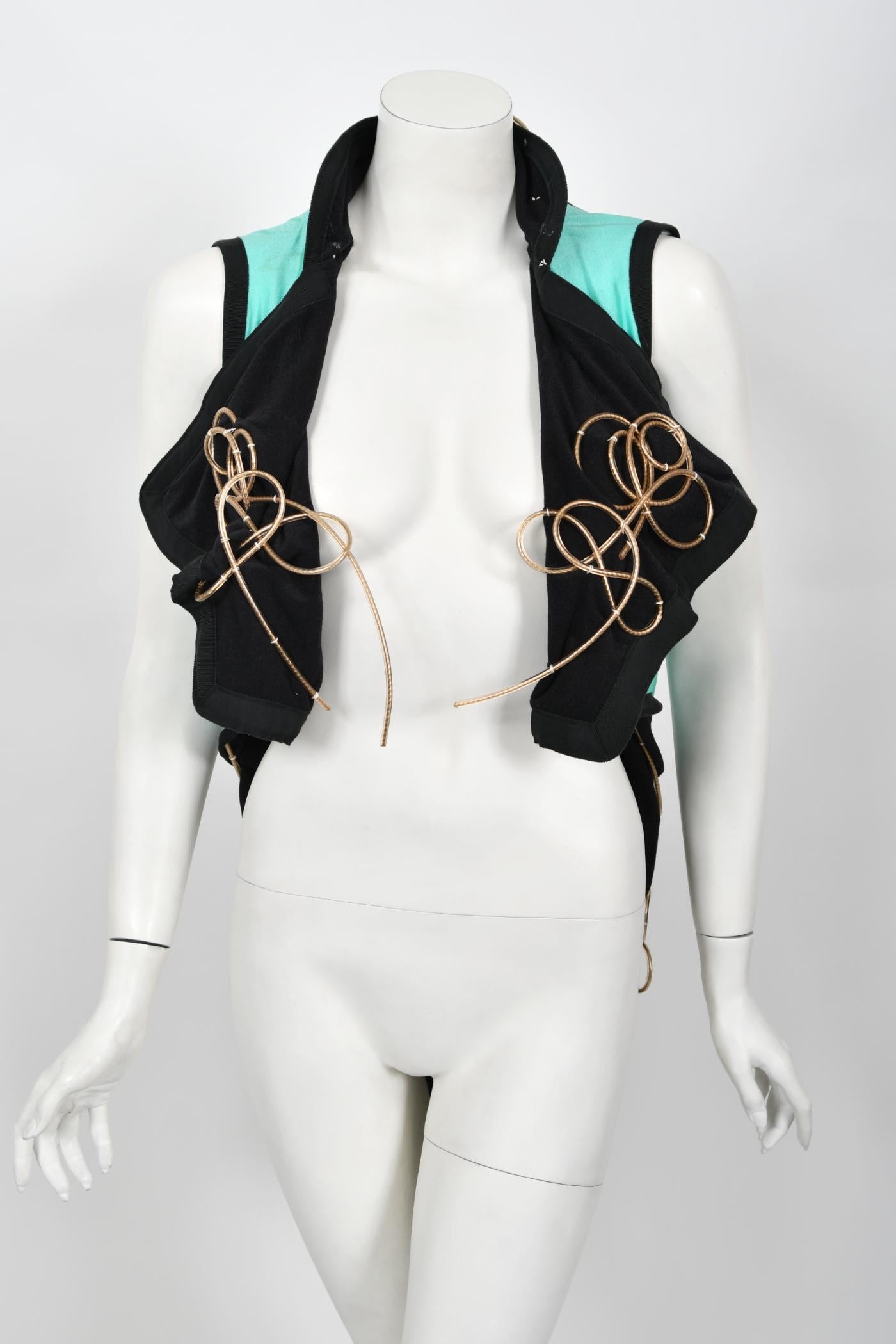 1991 John Galliano Documented Runway Black & Blue Military Inspired Cropped Vest 1