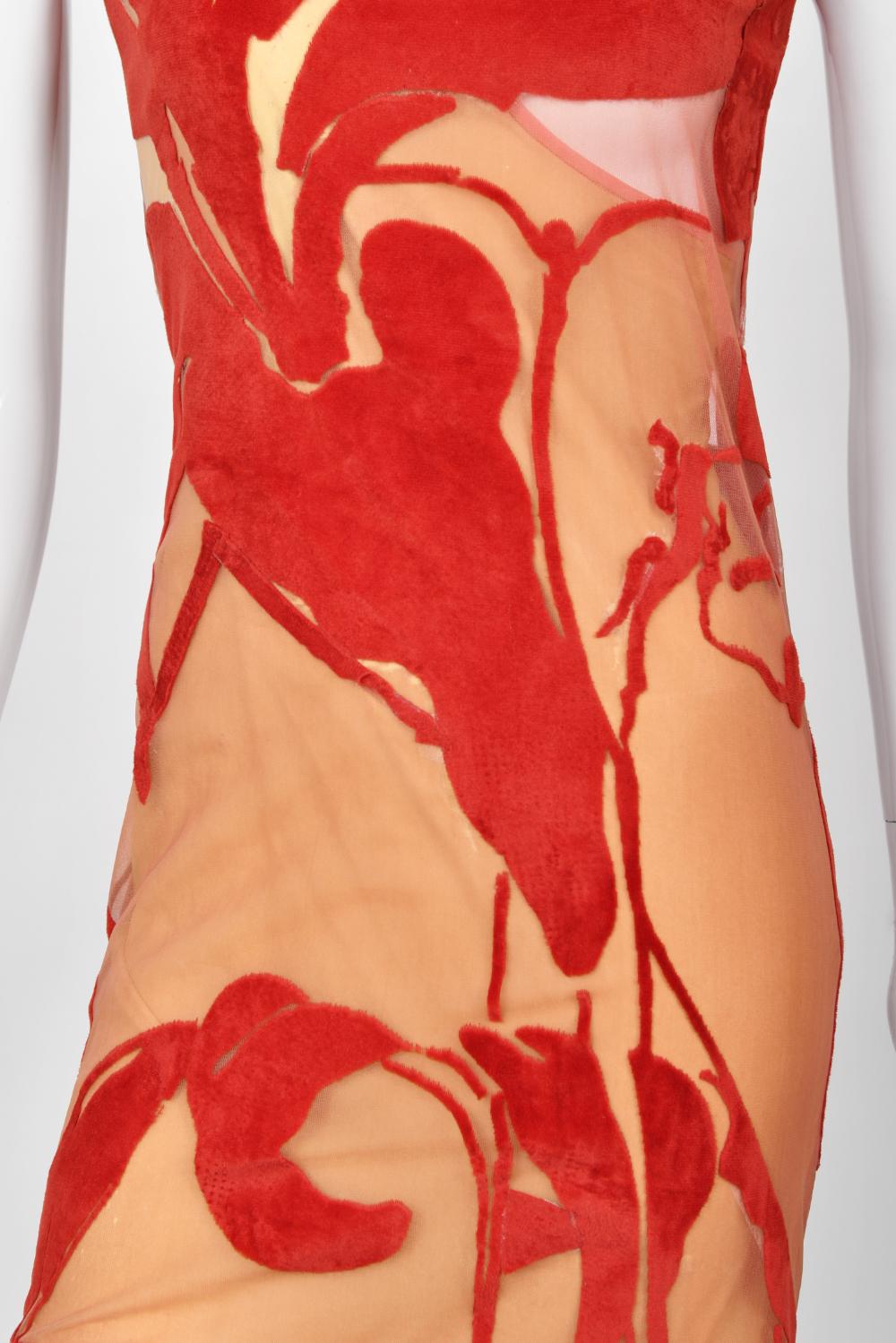1991 John Galliano Documented Runway Red Flocked Velvet Asymmetric Bias-Cut Gown For Sale 5