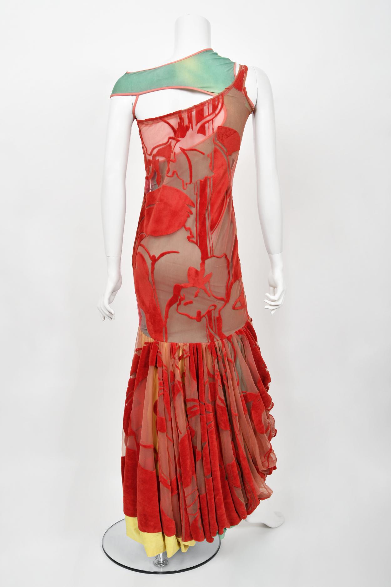 1991 John Galliano Documented Runway Red Flocked Velvet Asymmetric Bias-Cut Gown For Sale 7