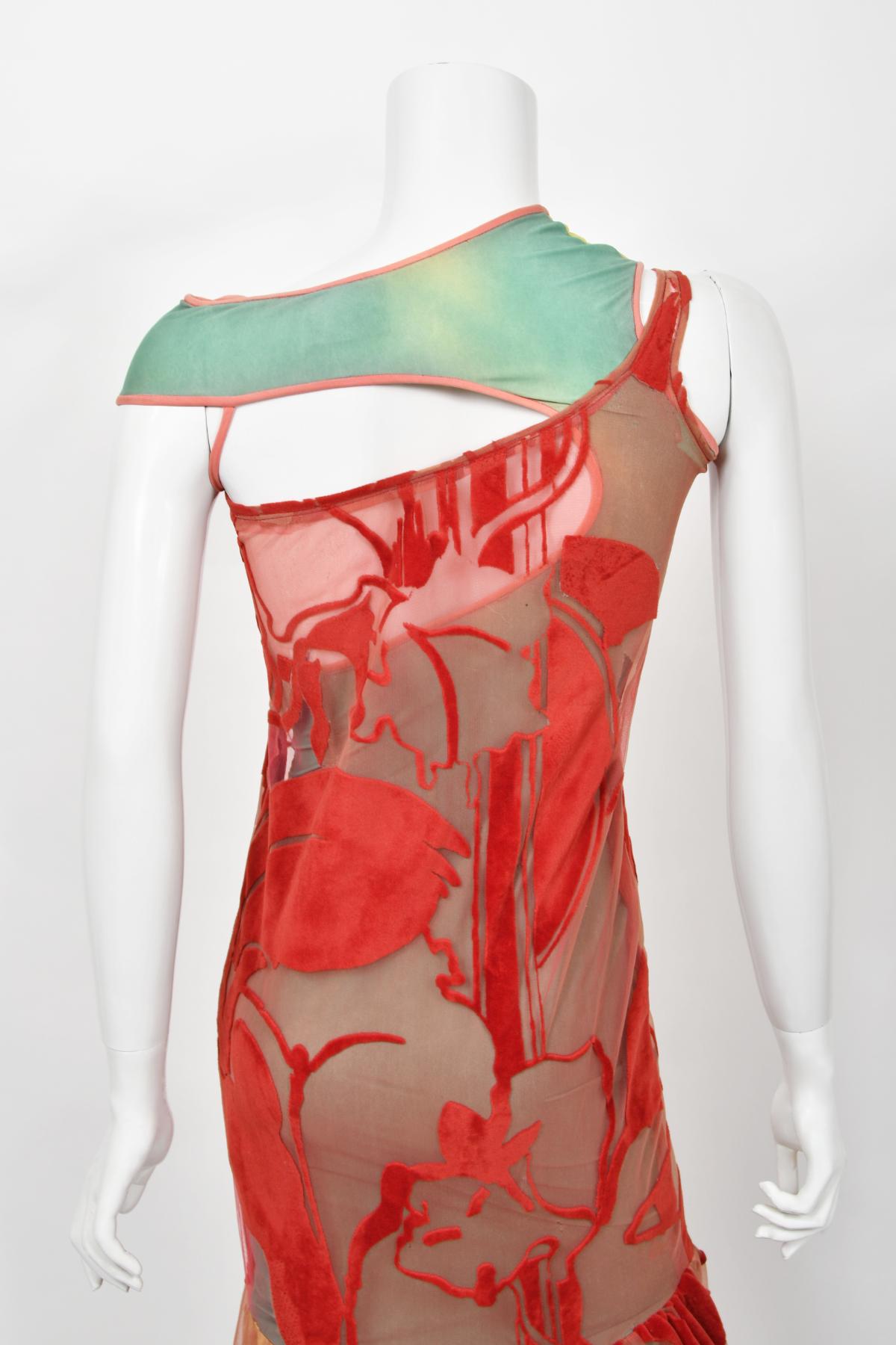 1991 John Galliano Documented Runway Red Flocked Velvet Asymmetric Bias-Cut Gown For Sale 8