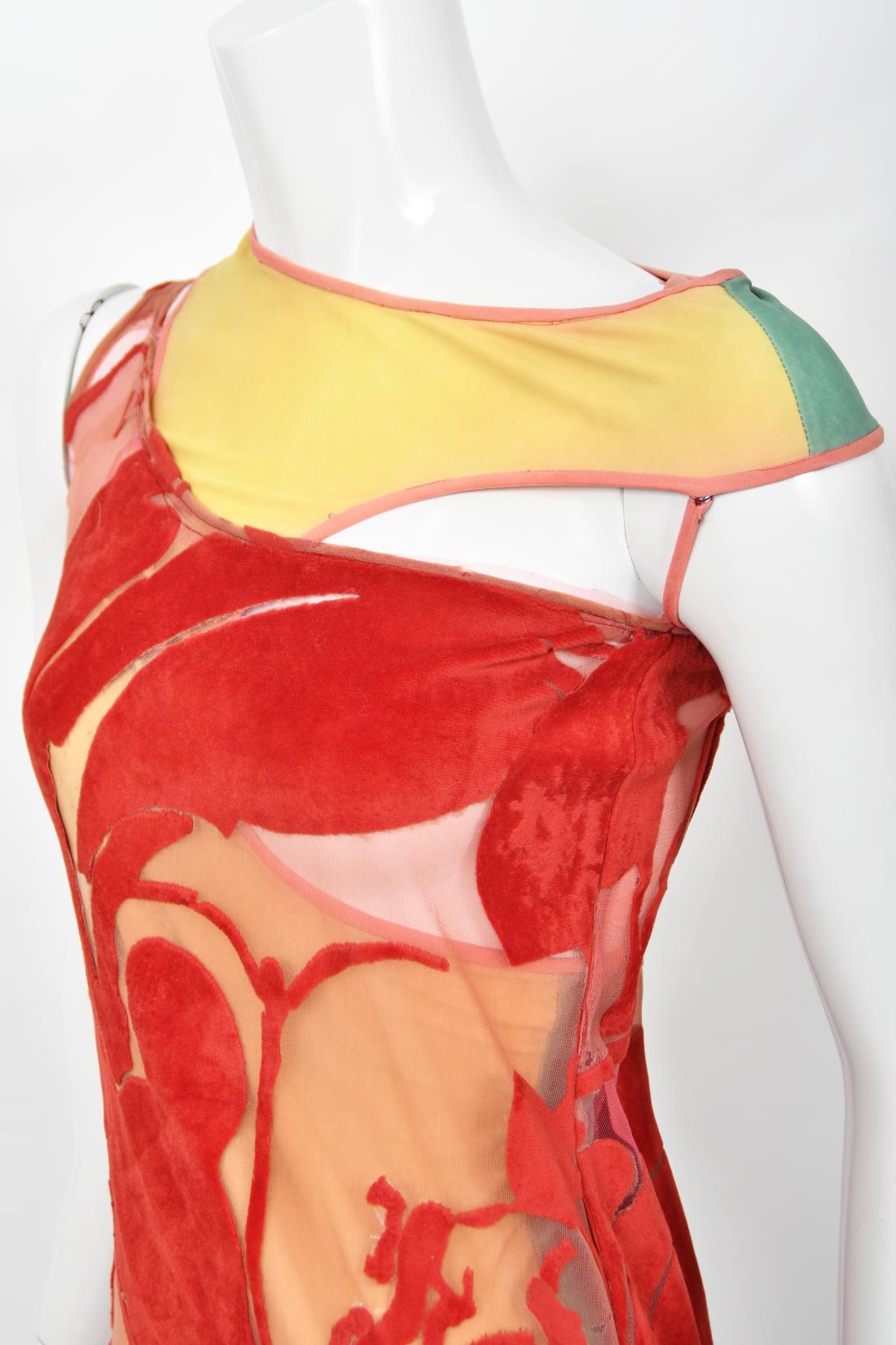 1991 John Galliano Documented Runway Red Flocked Velvet Asymmetric Bias-Cut Gown For Sale 3