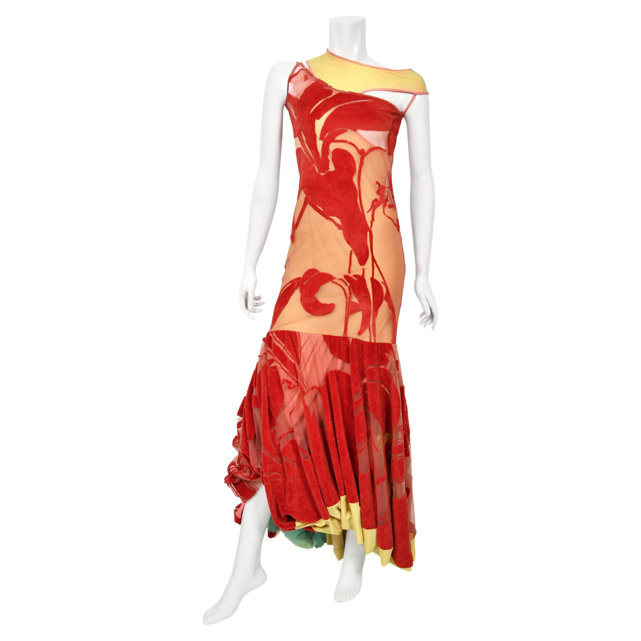 1991 John Galliano Documented Runway Red Flocked Velvet Asymmetric Bias-Cut Gown For Sale