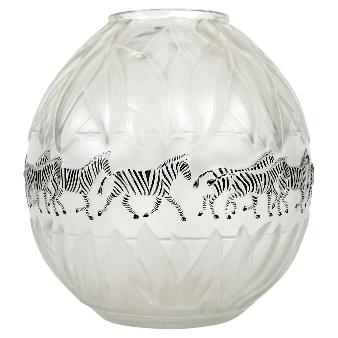 1991 Marie Claude Lalique - Vase Tanzania Zebras Cristal Black Enamel 