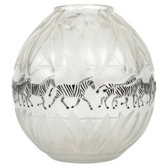 Vintage 1991 Marie Claude Lalique - Vase Tanzania Zebras Cristal Black Enamel 