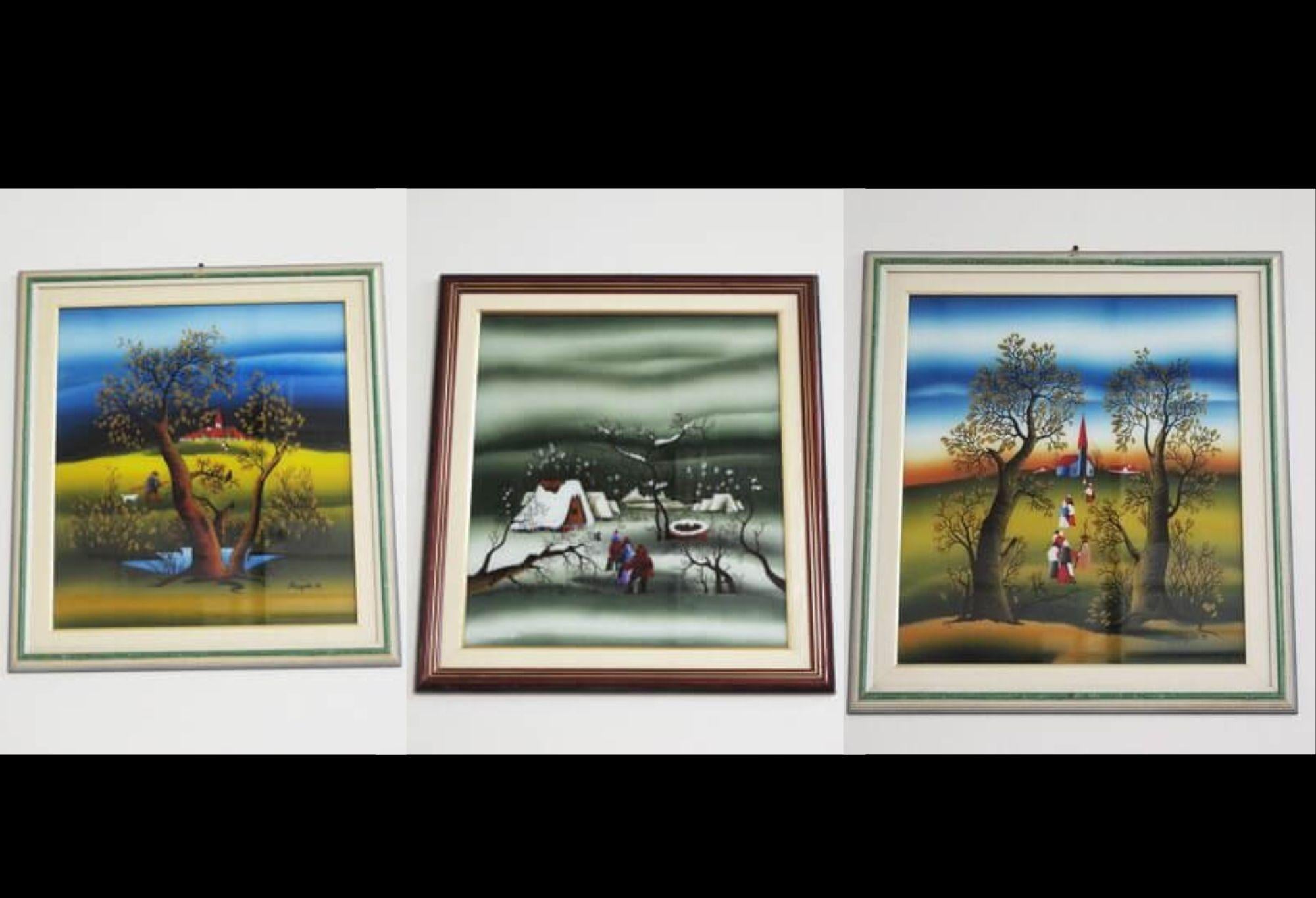 1991 Mugosa Naïve Art Triptychon - Original Öl auf Leinwand Gemälde Satz von 3

Entdecken Sie den skurrilen Charme der naiven Kunst mit diesem bezaubernden Triptychon des Künstlers Mugosa aus dem Jahr 1991. Dieses Set mit drei Originalbildern in Öl