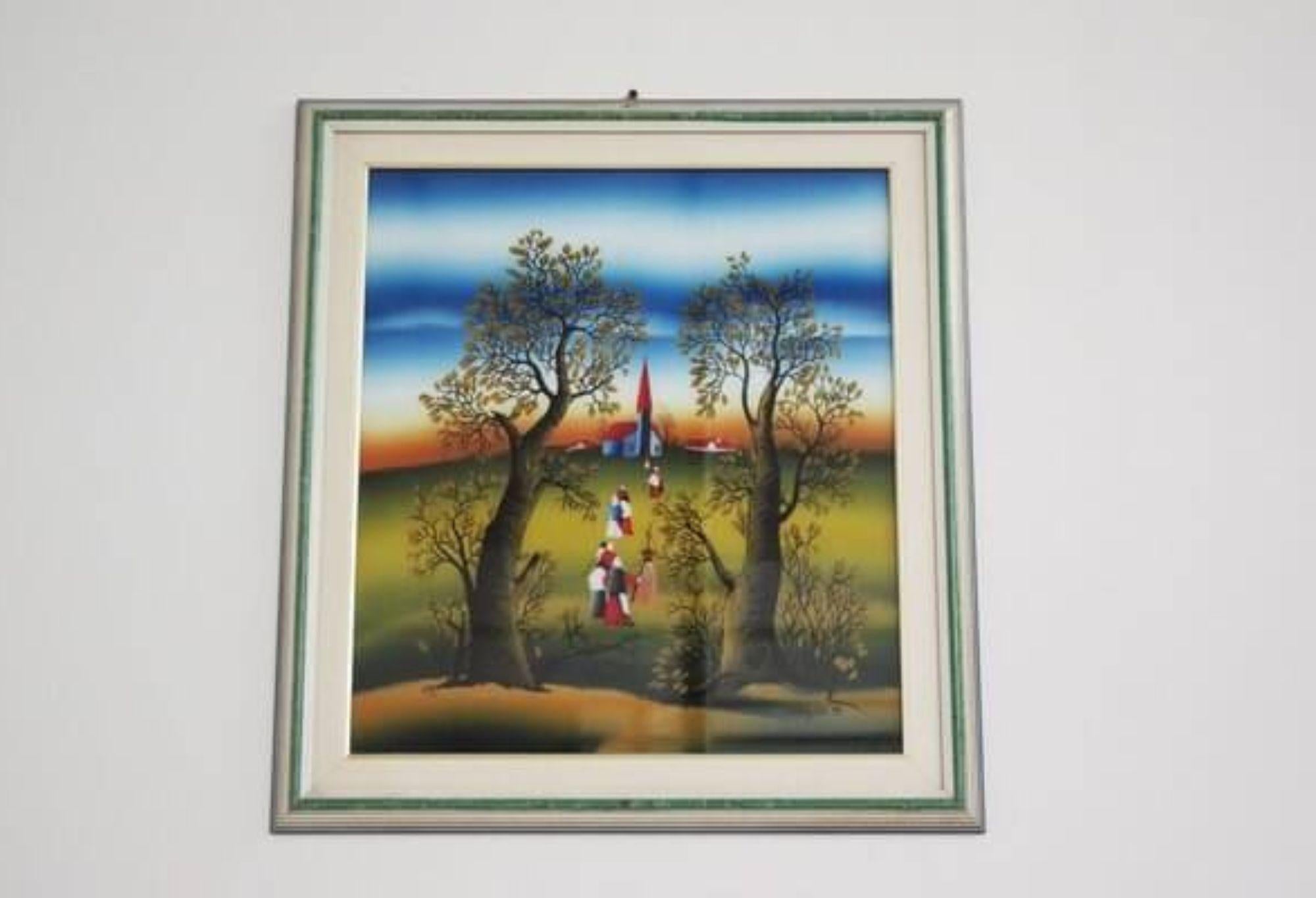 1991 Mugosa Naive Kunst Triptychon - Original Öl auf Leinwand Gemälde ( Satz von 3 ) im Angebot 1