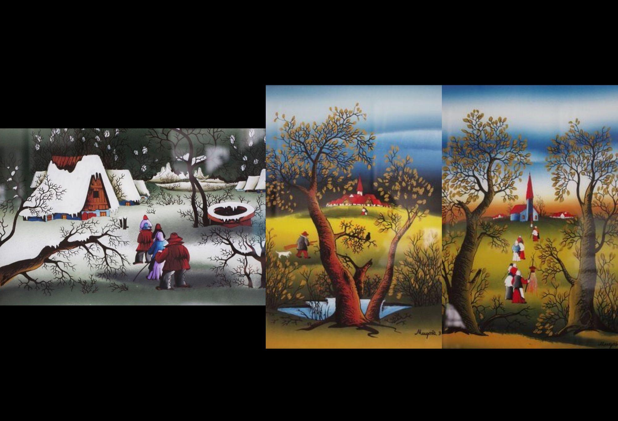 1991 Mugosa Naive Kunst Triptychon - Original Öl auf Leinwand Gemälde ( Satz von 3 ) im Angebot 2