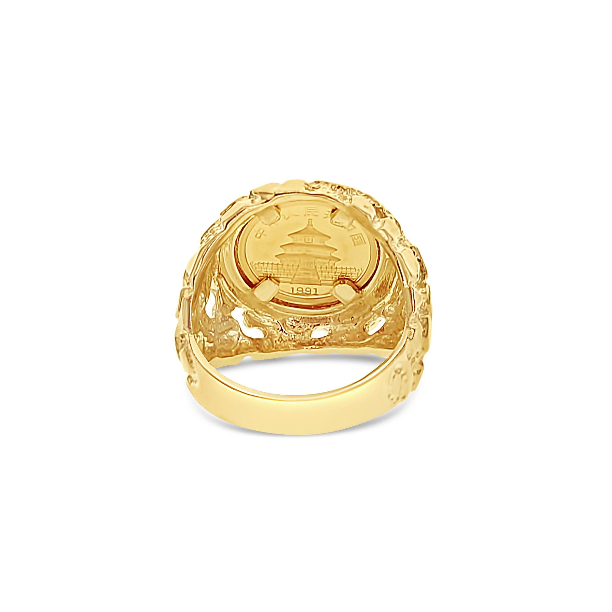da uomo o donna Anello in oro fino 1991 Panda Coin 1/20OZ con fascia di pepite in oro giallo 14k in vendita