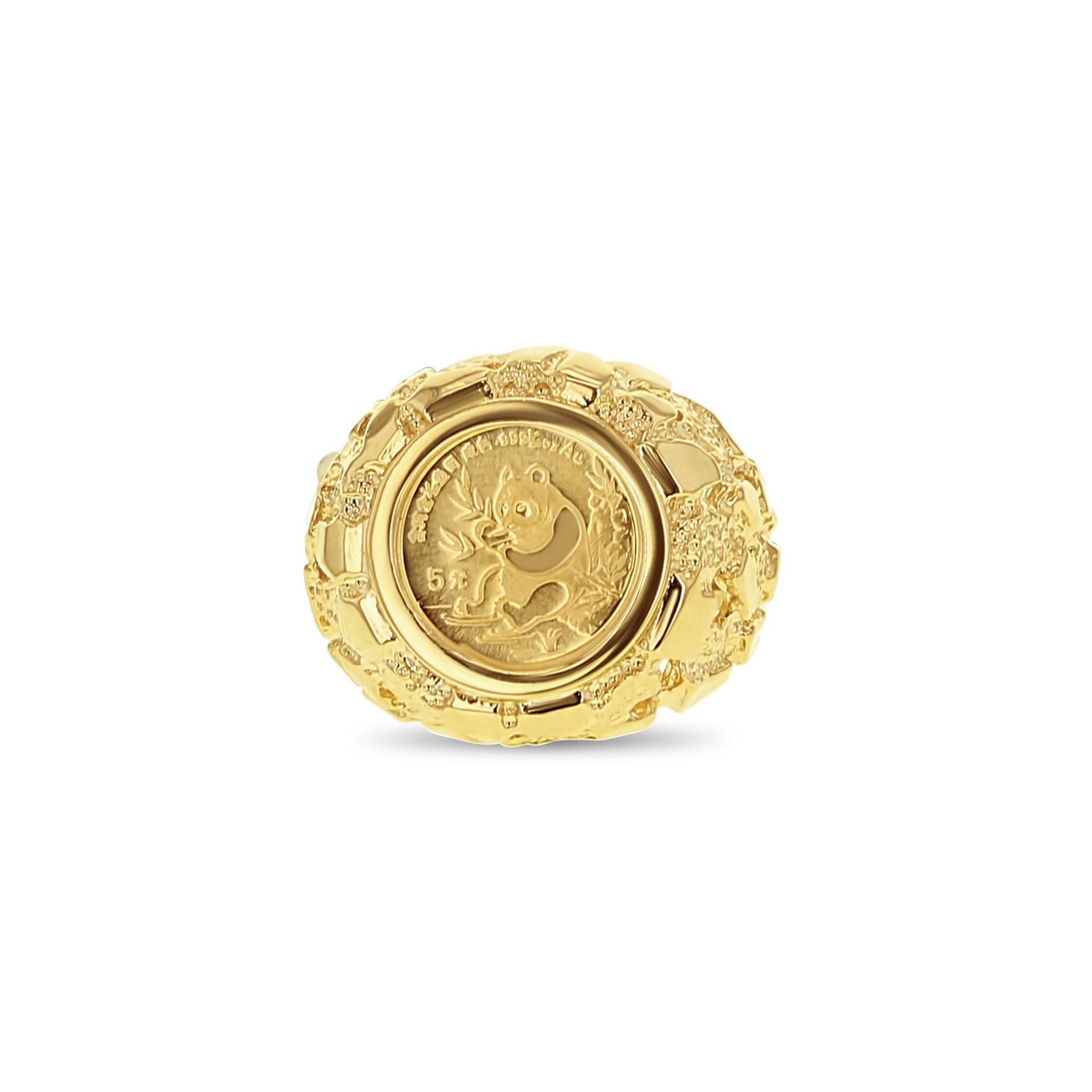 Anello in oro fino 1991 Panda Coin 1/20OZ con fascia di pepite in oro giallo 14k in vendita