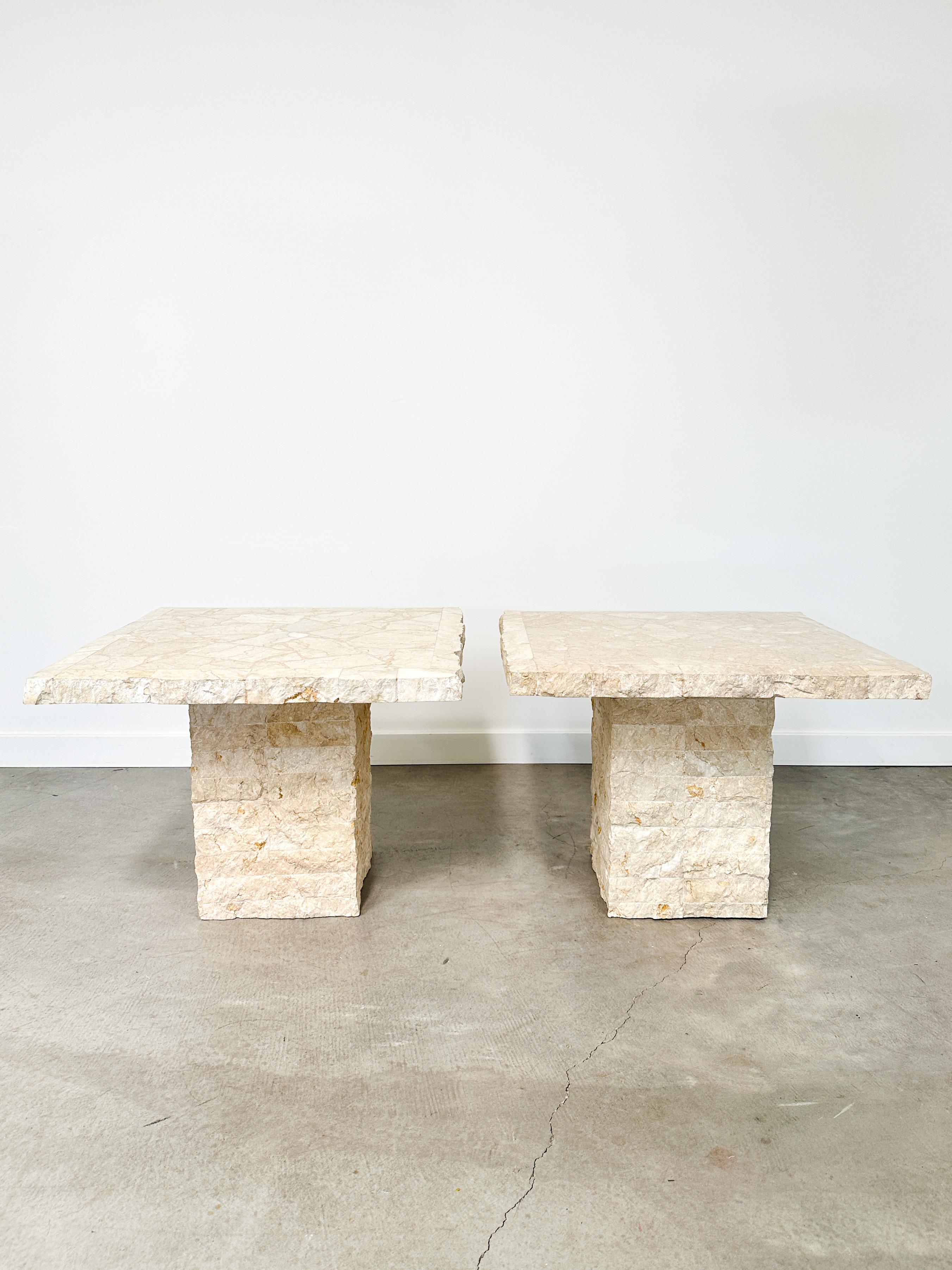 Post-Modern 1991 Postmodern Mosaic Marble and Travertine Side Tables Pair For Sale