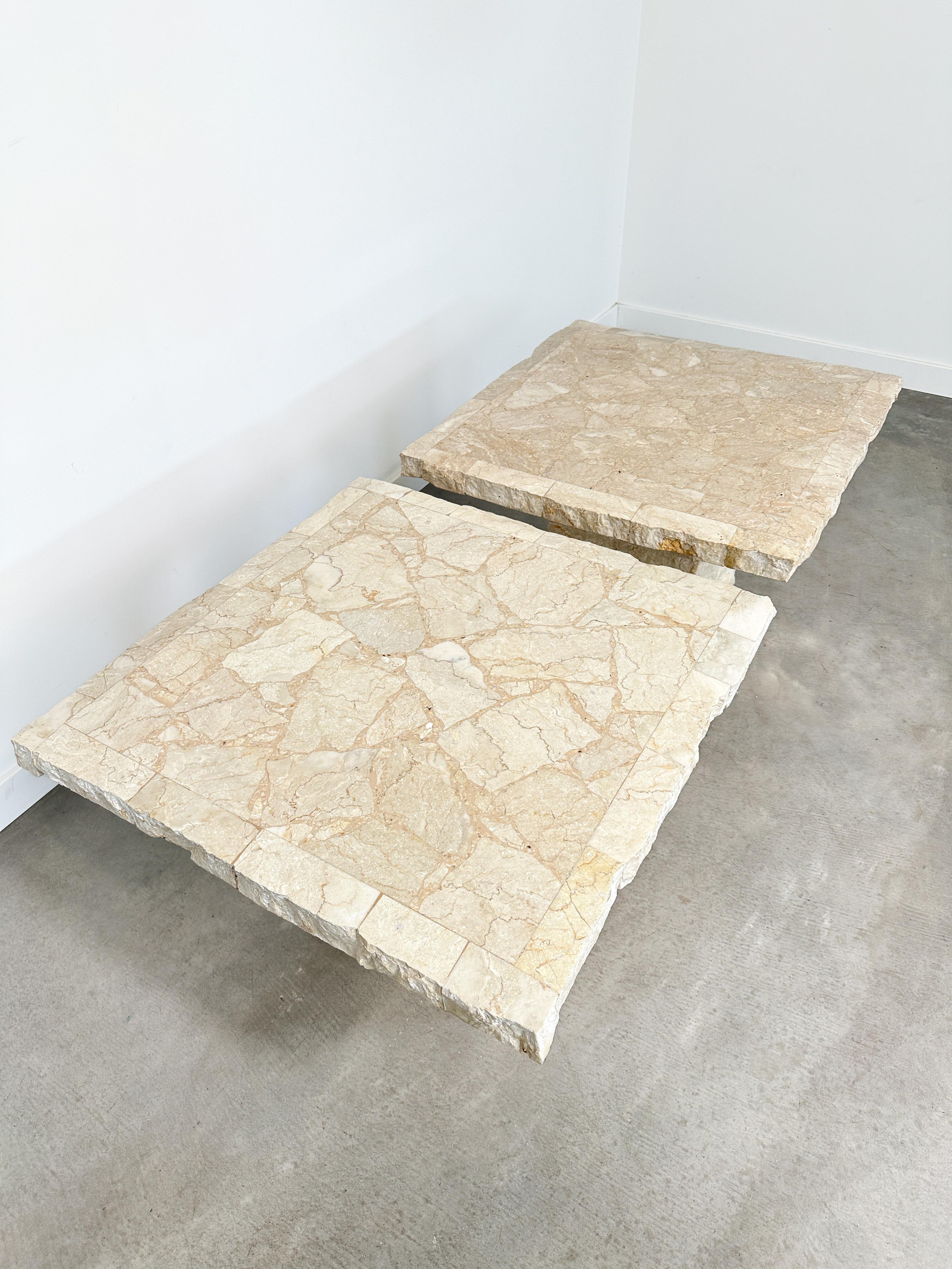 Italian 1991 Postmodern Mosaic Marble and Travertine Side Tables Pair For Sale