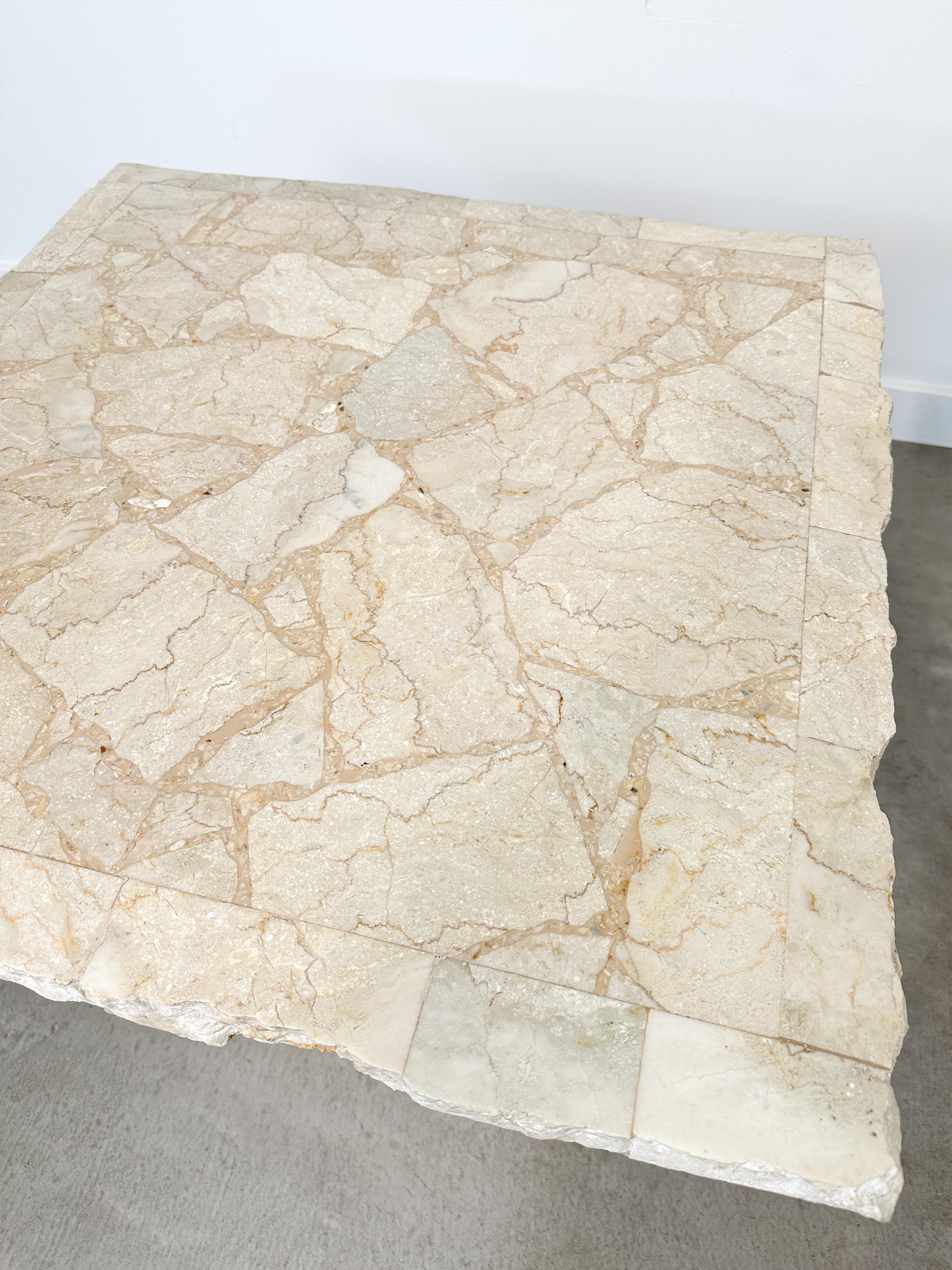 Hand-Crafted 1991 Postmodern Mosaic Marble and Travertine Side Tables Pair For Sale