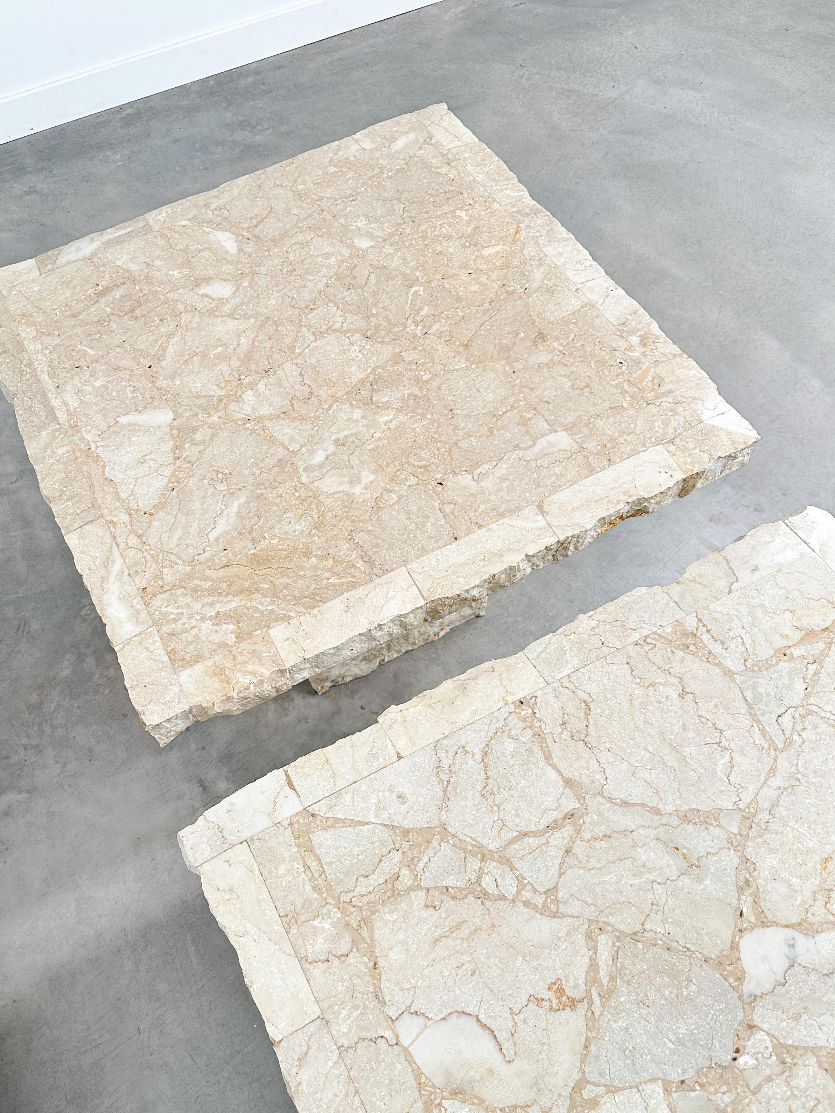 1991 Postmodern Mosaic Marble and Travertine Side Tables Pair In Good Condition For Sale In Tempe, AZ