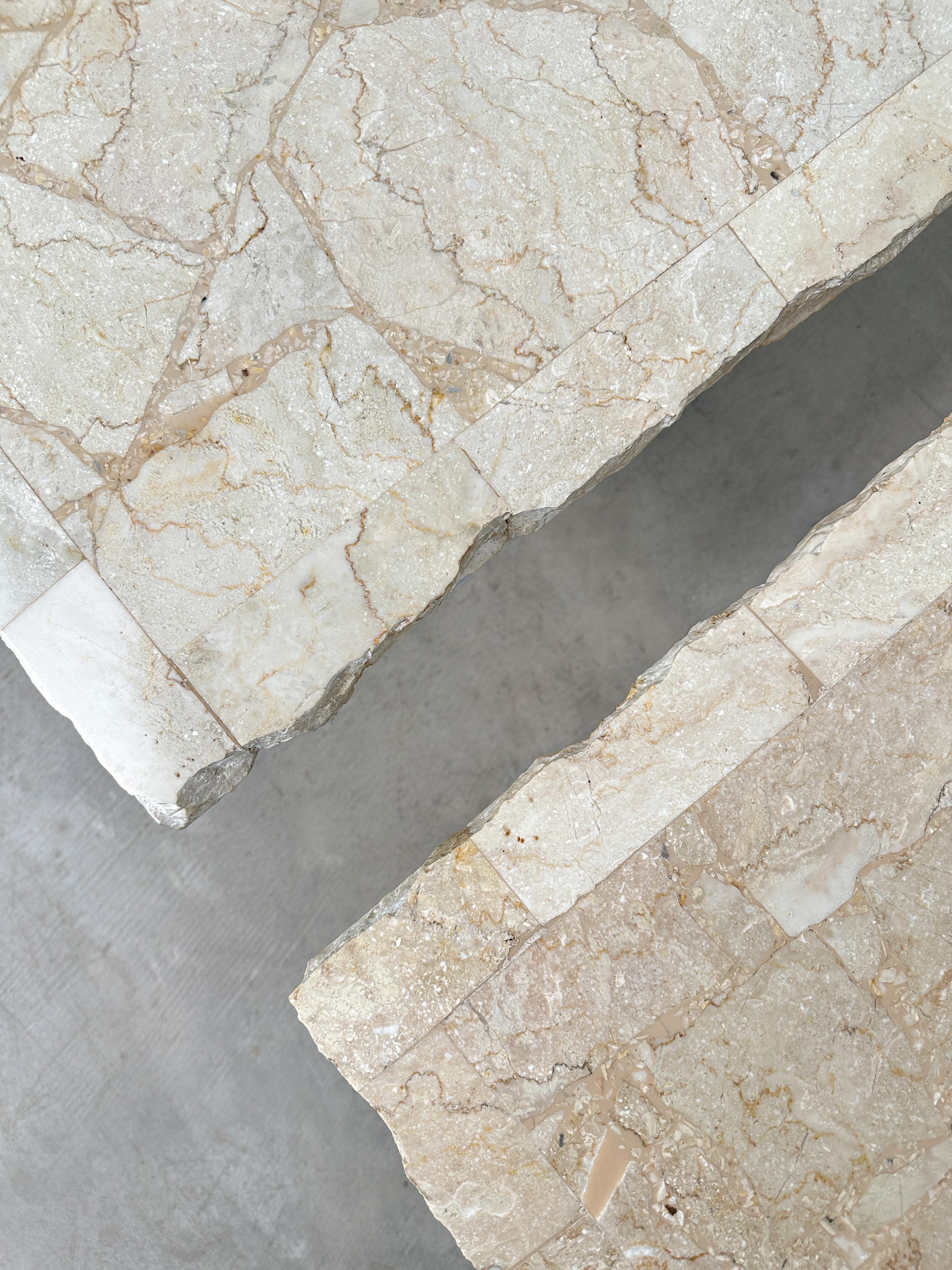 Late 20th Century 1991 Postmodern Mosaic Marble and Travertine Side Tables Pair For Sale